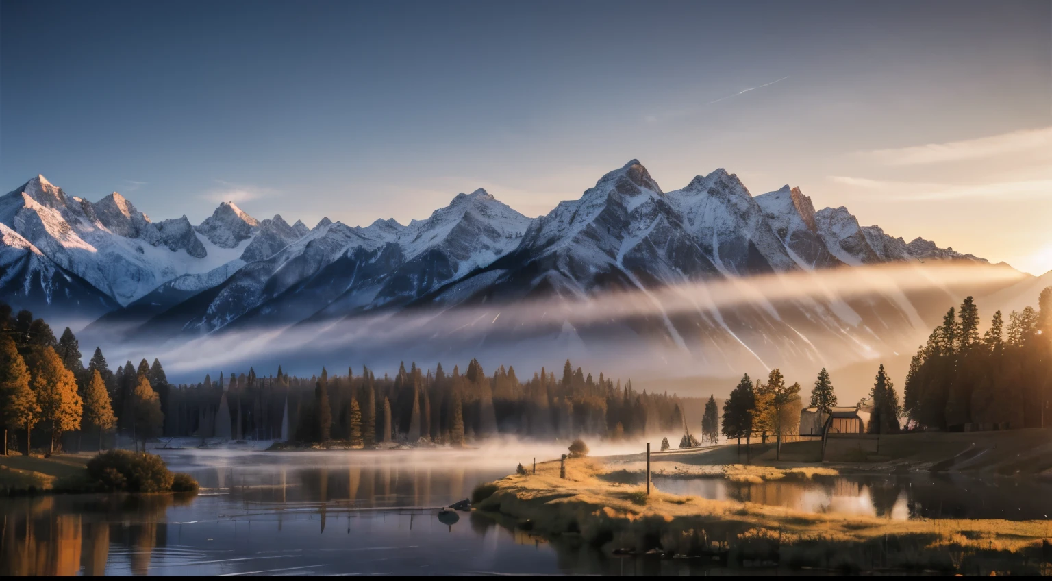 Mountains in the distance, Sunrise, Trees, River