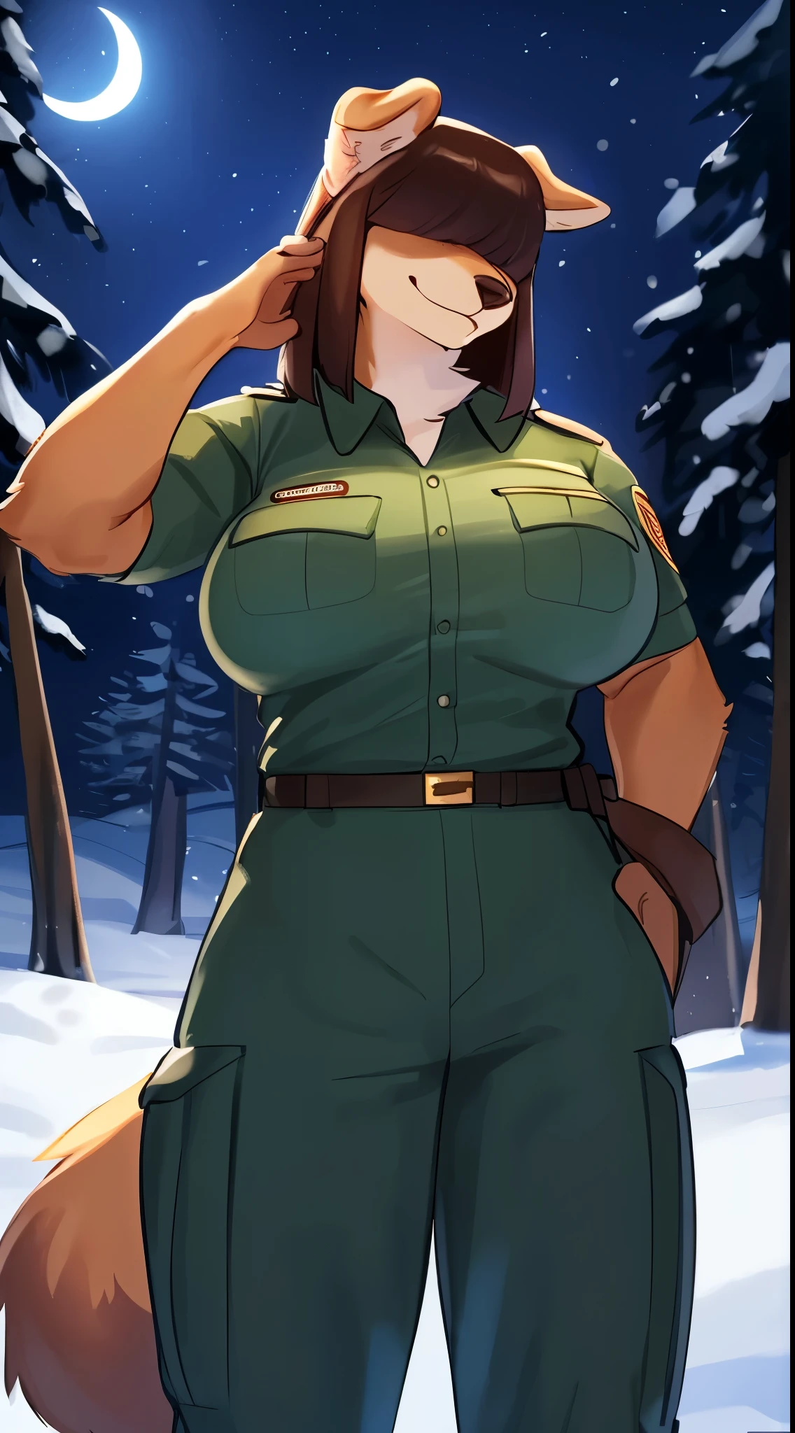 By bebebebebe, by lostgoose, by goonie-san, female, ((canine, snout, hair covering eyes, straight hair, medium hair, flat hair, ears, thin snout)), brown fur, big poofy tail, raised tail, dark maroon hair, (muscular, big breasts), solo, smiling, happy, standing, (park ranger uniform), forest, (saying stop, hand out, stopping viewer, palm towards viewer), snow, snowing, night time, moon