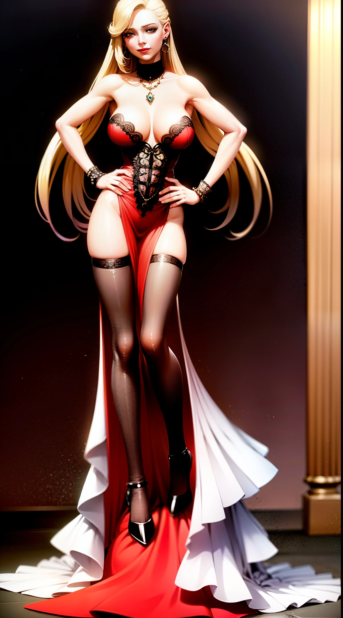 high quality fingers, normal hands, detailed fingers, masterpiece, (realistic, photo-realistic:1.37), (full body:1.5), High-end editorial-style photoshoot highlighting the beauty of a woman with blonde hair and bright blue eyes, dressed in a chic red and black corset, thin waist, seductive smile, large tits, perfect body, perfect face, (full body:1.5), set within the refined atmosphere of a Victorian ballroom. Stylish, elaborate jewelry made with expensive gems.