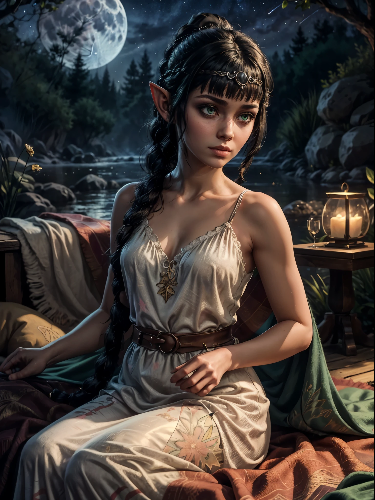 1girl, masterpiece, best quality, highly detailed, illustration, shadowheart, black hair, circlet, long hair, braided ponytail, braid, green eyes, elf, pointy ears, outdoors, sitting, blanket, night, stars, moon, nightgown, embarrassed