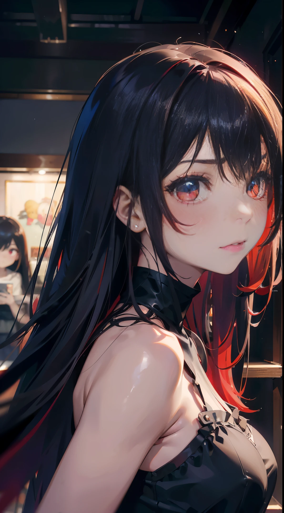 (Best Quality,4K,High resolution), 18yo woman, Red mesh hair on black hair, Shiny long straight hair, Innocence,sharp eye、red eyes、small nose、eye liner、 Luxury Black Silk Babydoll、Lonely face、Shoku、profile、slenderbody、Comical appearance,comic strip,animesque,Deformed cute illustration、Delicately expresses realistic skin texture、Muscle texture reproduction、Knife Art