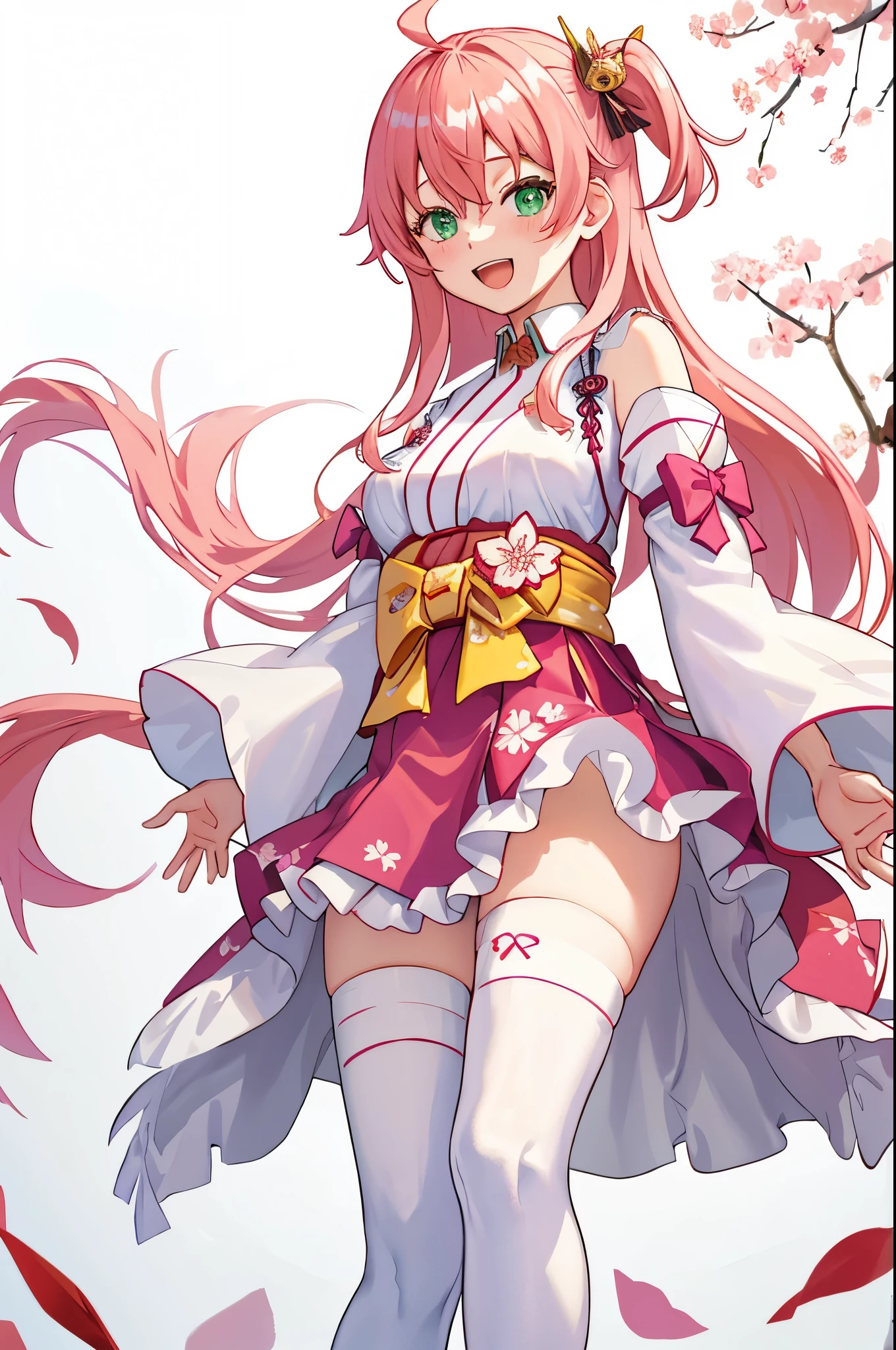 masterpiece, best quality, highres, sakura_miko, 1girl, (loli:1.3),medium_breasts, kimono, solo, ahoge, x_hair_ornament, pink_hair, floral print, hairclip,(side_less_clothes:1.3), (side_breasts:1.3), hair_bell, floral print, long_hair, hair between eyes, one side up, white_thighhighs, wide sleeves, open_mouth,(happy:1.3),green_eyes,smile,apart_legs,(overly_long_sleeves:1.3),),sleeves_past_wrists,hands_hidden_sleeves,sidelock_clothes,solo,hidden_wrists,(XD:1.5),covered_nipples,sunlight,(bare_flank:1.3),boots,open_mouth,kimono,