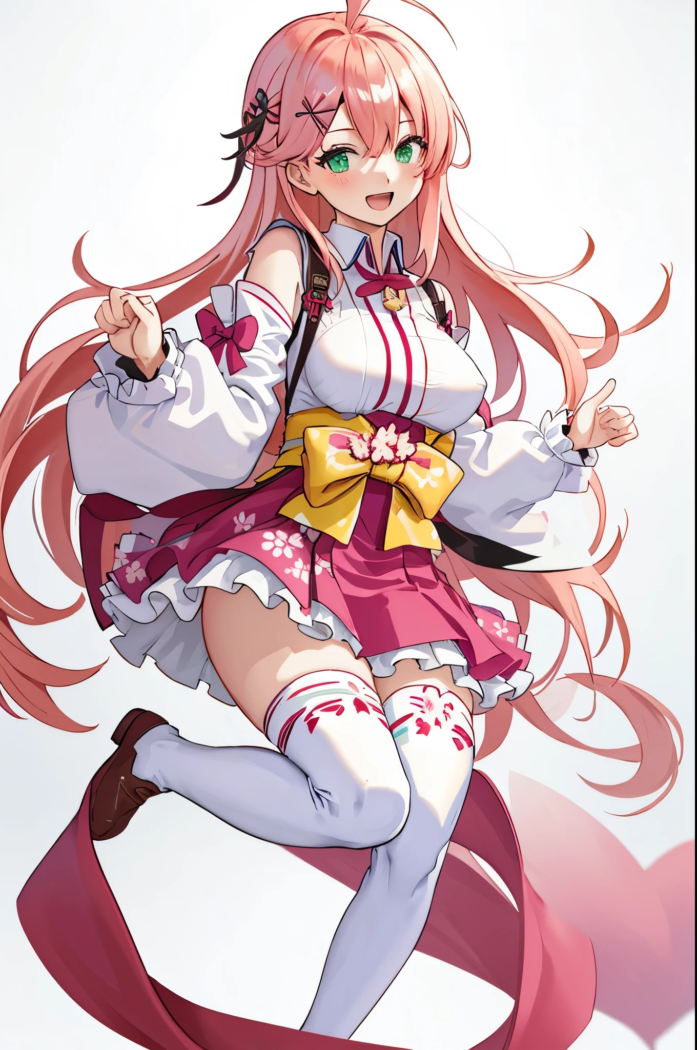 masterpiece, best quality, highres, sakura_miko, 1girl, (li:1.3),medium_breasts, kimono, solo, ahoge, x_hair_ornament, pink_hair, floral print, hairclip,(side_less_clothes:1.3), (side_breasts:1.3), hair_bell, floral print, long_hair, hair between eyes, one side up, white_thighhighs, wide sleeves, open_mouth,(happy:1.3),green_eyes,smile,apart_legs,(overly_long_sleeves:1.3),),sleeves_past_wrists,hands_hidden_sleeves,sidelock_clothes,solo,hidden_wrists,(XD:1.5),covered_nipples,sunlight,(bare_flank:1.3),boots,open_mouth,kimono,