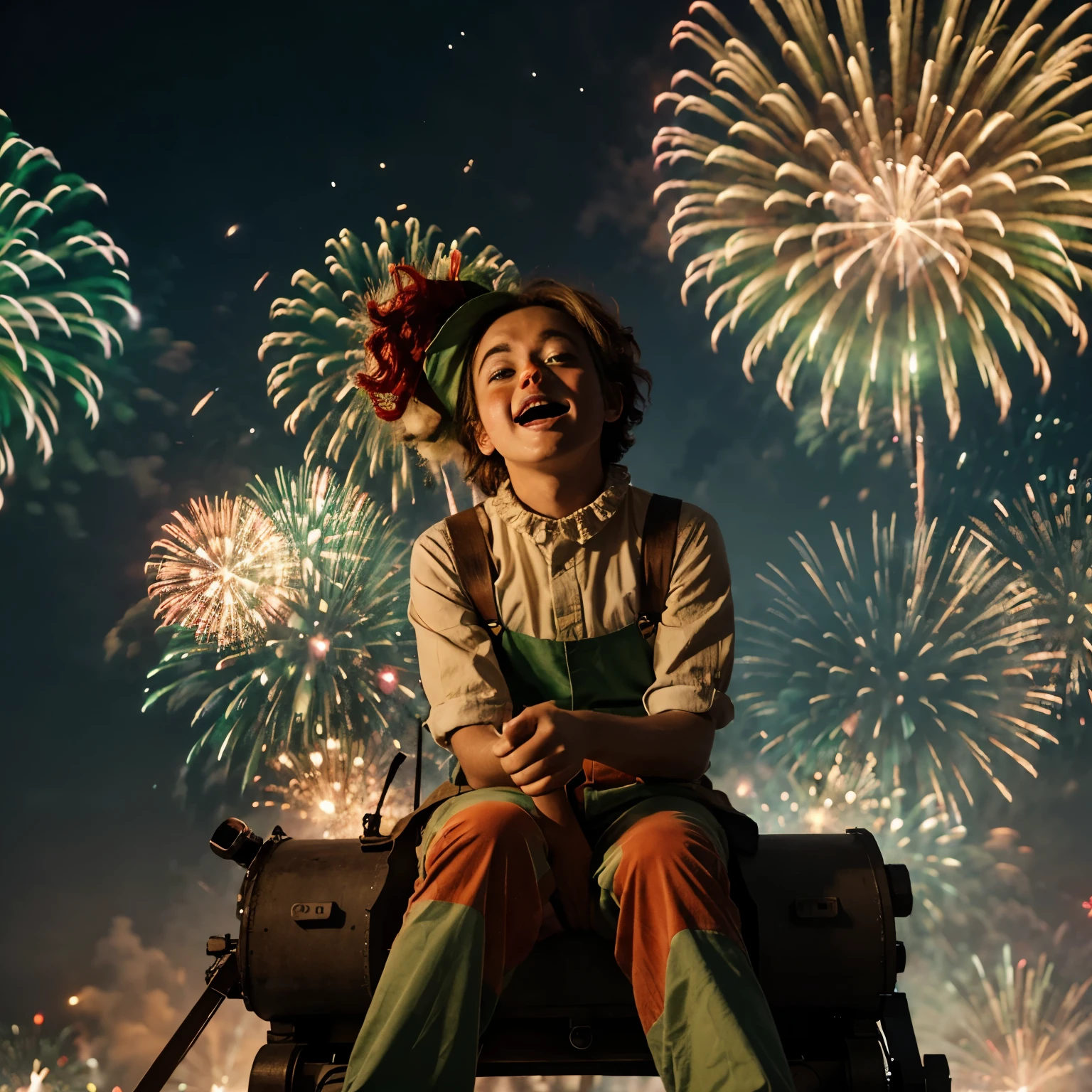 Create an illustration of a green clown, sitting on a fireworks cannon, with a frustrated expression as the fireworks fail to explode.
