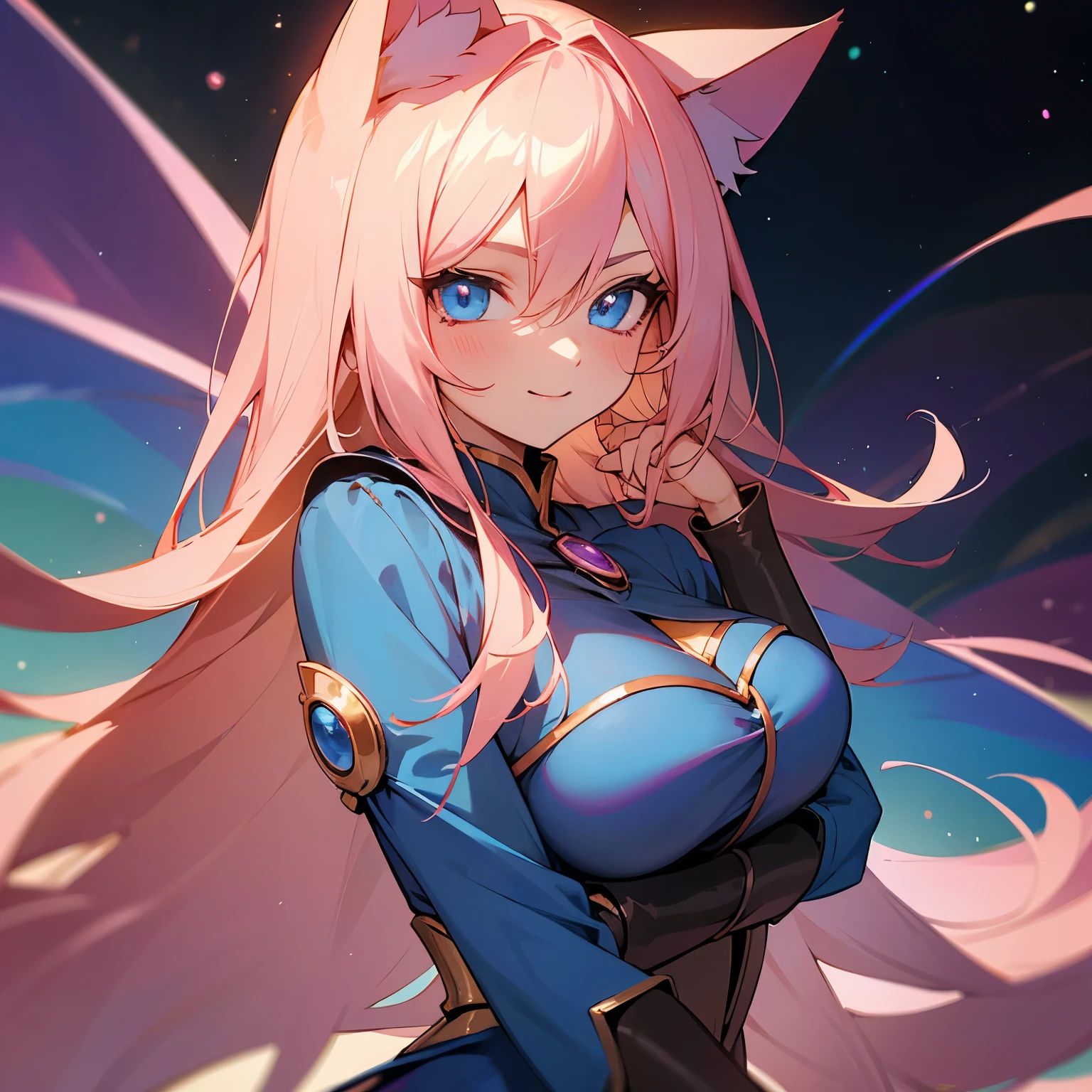 dark magician girl、MKSKS style, (1 girl:1.2), close-up, (highly detailed background:1.0), (highly detailed background:1.0), masterpiece, best quality, ultra high resolution, 8K, BREAK, (light pink and golden hair, long hair, cat ears), BREAK, detailed clothing, rainbow colored shirts, half sleeves, pow pose, detailed skin, glossy skin, detailed eyes, blue eyes, looking at the viewer, smile, big breasts, (rainbow, galaxy background), daytime