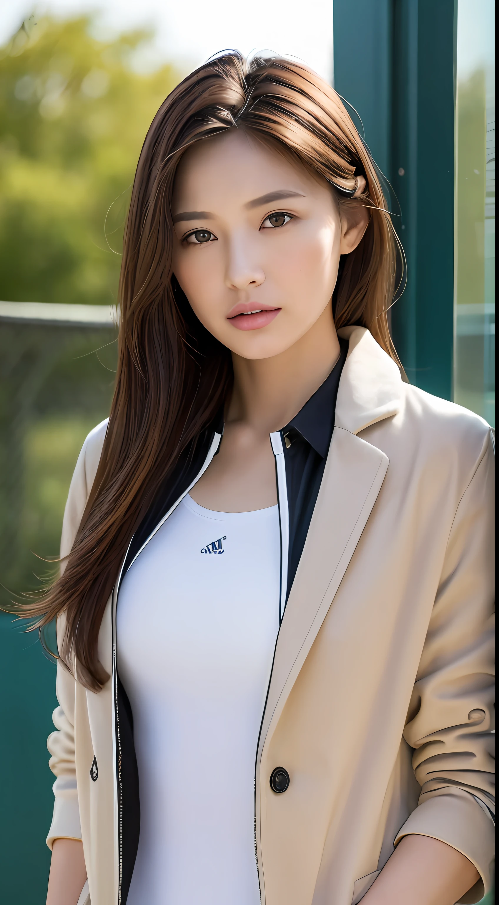 ((top-quality、8K、masterpiece：1.3))、tack sharp focus：1.2、Beautiful woman with perfect style：1.4、Slim abs：1.2、((dark brown  hair、small tit：1.2))、(Tennis suit、tennis wear:1.1)、Highly Detailed Face and Skin Textur、詳細な目、二重まぶた、Potrat