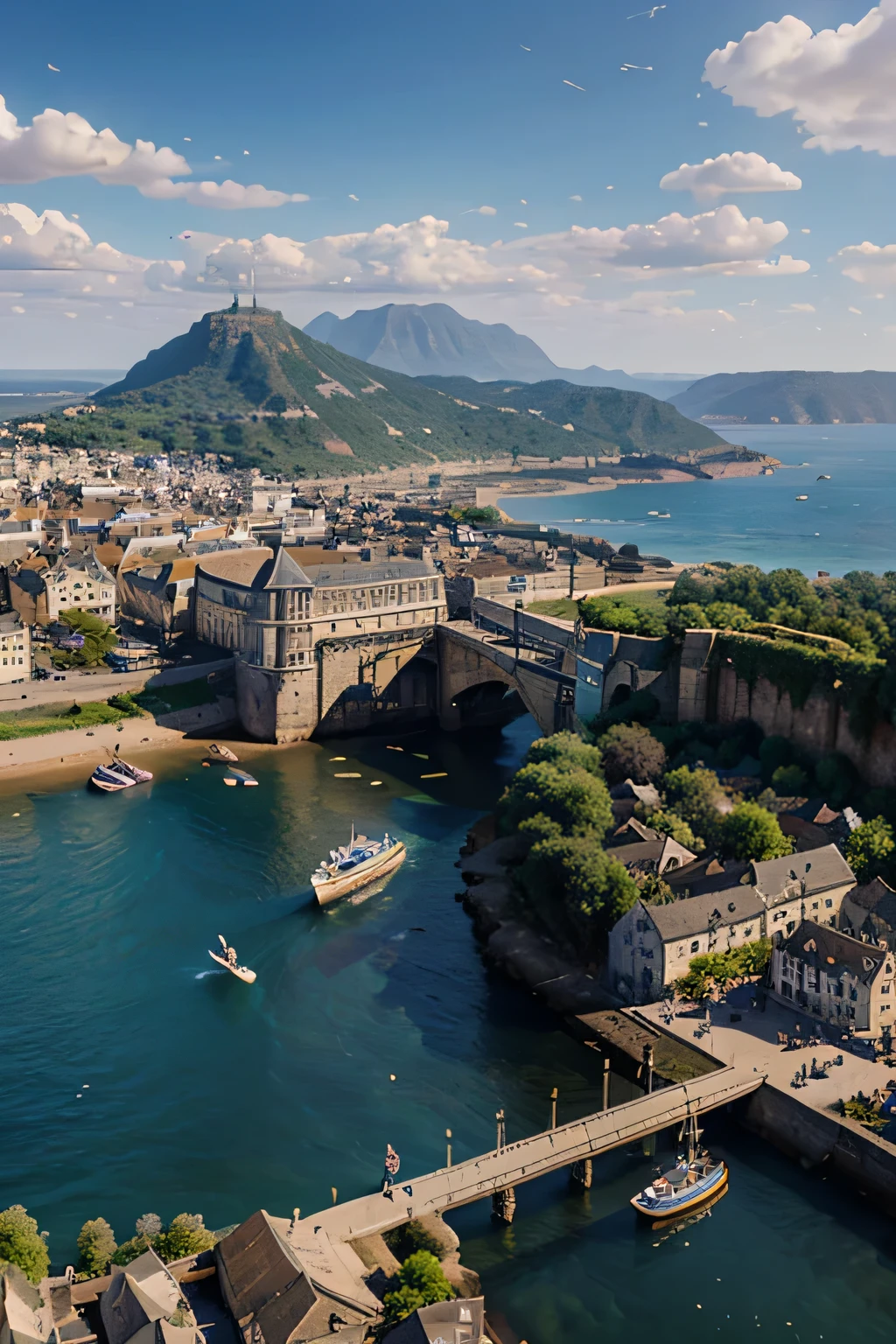 Le pixel art est une belle vue de la ville sur une capture d'screen, dans le style d'Arthur Wardle, baroque maritime, Aleksi Briclot, Fernand Toussaint, Realistic blue sky, modularity, 32k UHD