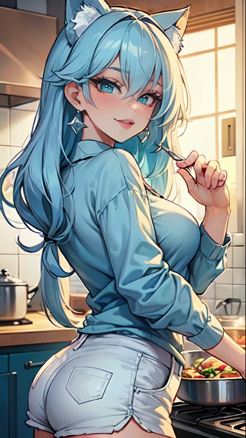 Masterpiece, beautiful art, professional artist, 8k, art style by sciamano240, very detailed face, very detailed hair, 1girl, perfectly drawn body, beautiful face, long hair, light blue hair , very detailed blue vertical cat eyes, pouty lips , rosey cheeks, intricate details in eyes, wearing cozy tshirt, mom jeans, jordans, earrings, wearing a wedding ring, in love with the viewer expression, smiling , in the kitchen preparing a meal, hands on counter, close up on face,