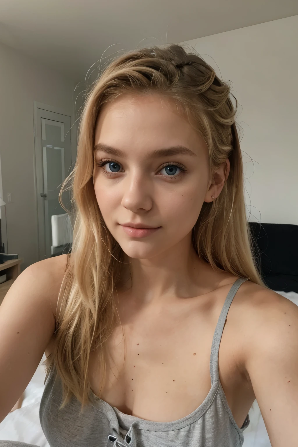 do a selfie, messy hair, a little bit of impure skin, skin realistic, laying in bed, duckface, pyjama outfit, sleepy eyes, young and cute face, chubby, best quality, Meisterwerk, Realistisches Foto, Komplizierte Details, RAW-Foto, Ultra-detailliert, blondes haar, cute face, Körpchengröße B, blondes Haar, perfekte und blaue Augen, HD quality, 8K, young woman, 20 Jahre alt