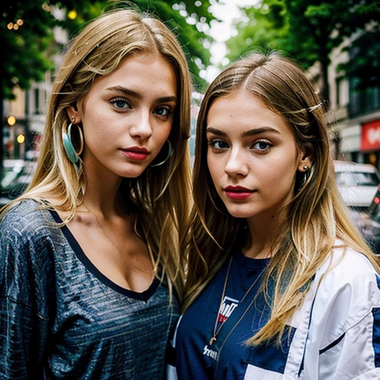 London girls, beide blauen Augen, one girl is blonde, another girl is brunette with white stripes, The brunette hair is curly, Sommersprossen, Bruenettr girl raised her eyebrows , Blonde girl has normal thin eyebrows, Saubere Haut, beautiful friends, Blonde girl has Sommersprossen,
The blonde girl'Die Haare sind glatt, The brunette girl's Haare sind lockig, Blonde girl wears red lipstick, The brunette girl has natural lips, Both girls are slim. The brunette girl has a vintage clothing style, The blonde girl has a street clothes style, Blonde girl wears oversized clothes, Nike-Schuhe, Vans,
Blonde girl has earrings, Brunette girl with white stripes has a nostril piercing,
Harmonie, Musik, aesthetic, Natural makeup,