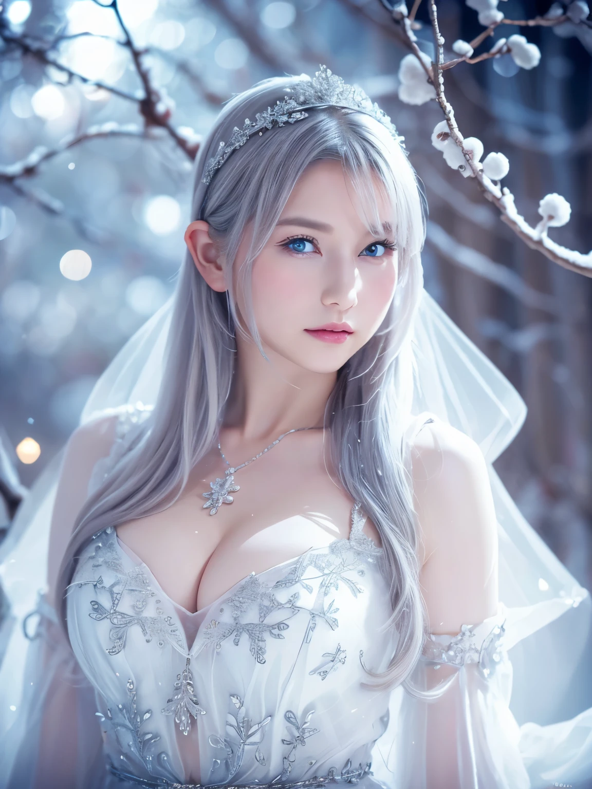 ((High quality)),masutepiece,(Detailed depiction of local details:1.2),1girl in,large full breasts、cleavage of the breast、Blue eyes,Closed mouth,Eyelashes,Looking at Viewer,Portrait,Solo,upper body closeup、portlate,White hair,White theme,(tmasterpiece, 8K, Best Quality, hight resolution, Ultra-detailed, Ultra-realistic realism),White the, A world covered in silver, branches covered with snow, cold winter feel, snowflakes dance like elves, Turn the world into a silver fairy tale, Cold, Quiet and beautiful snow scene, comfortable and calm, Vibrant colors, Full body, Princess, 1 girl, ２５age, a baby face, White hair, (an artistic pose),