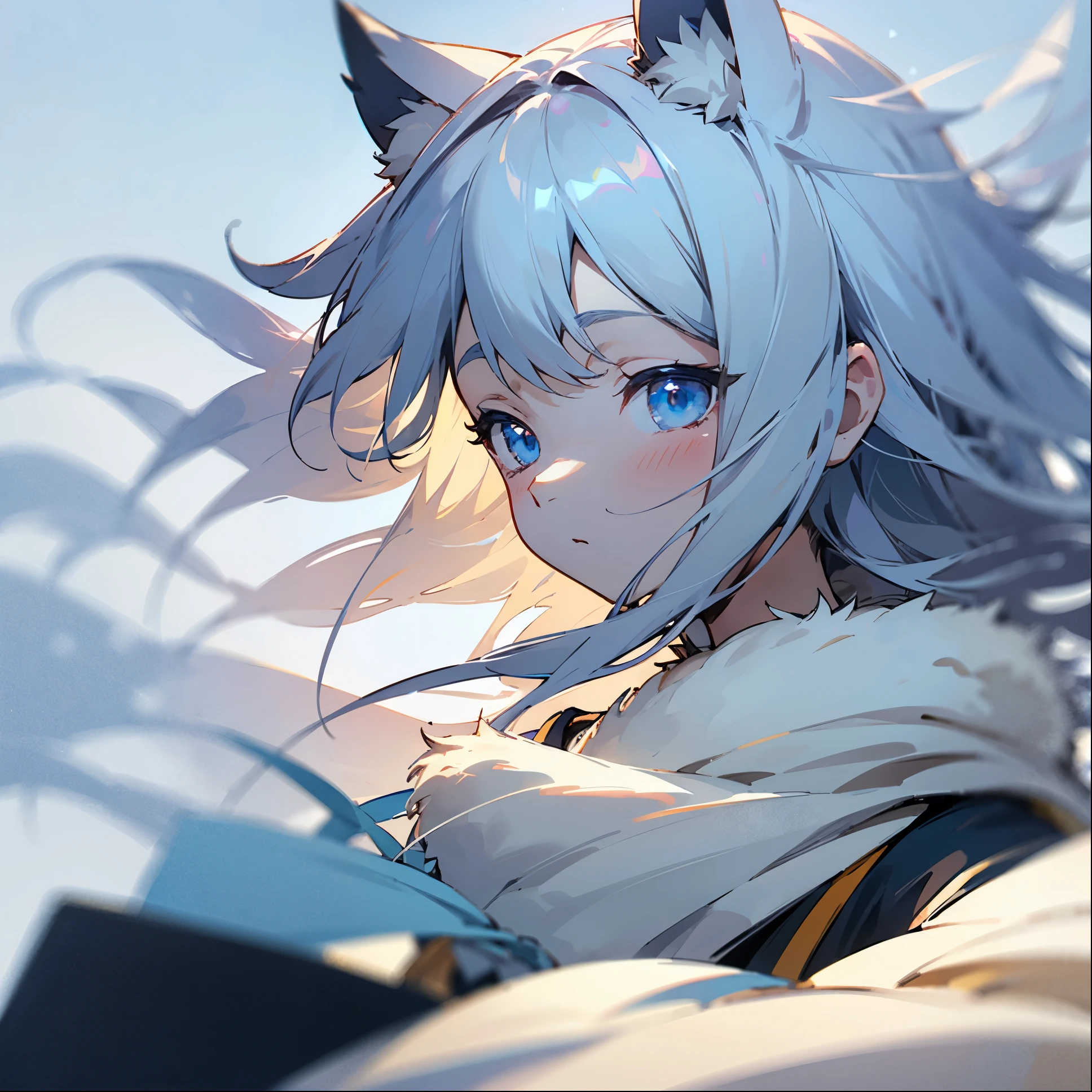 facing forward and relaxing、sleepy、He has furry ears and gray hair.、girl with blue eyes。The wind is blowing。close
