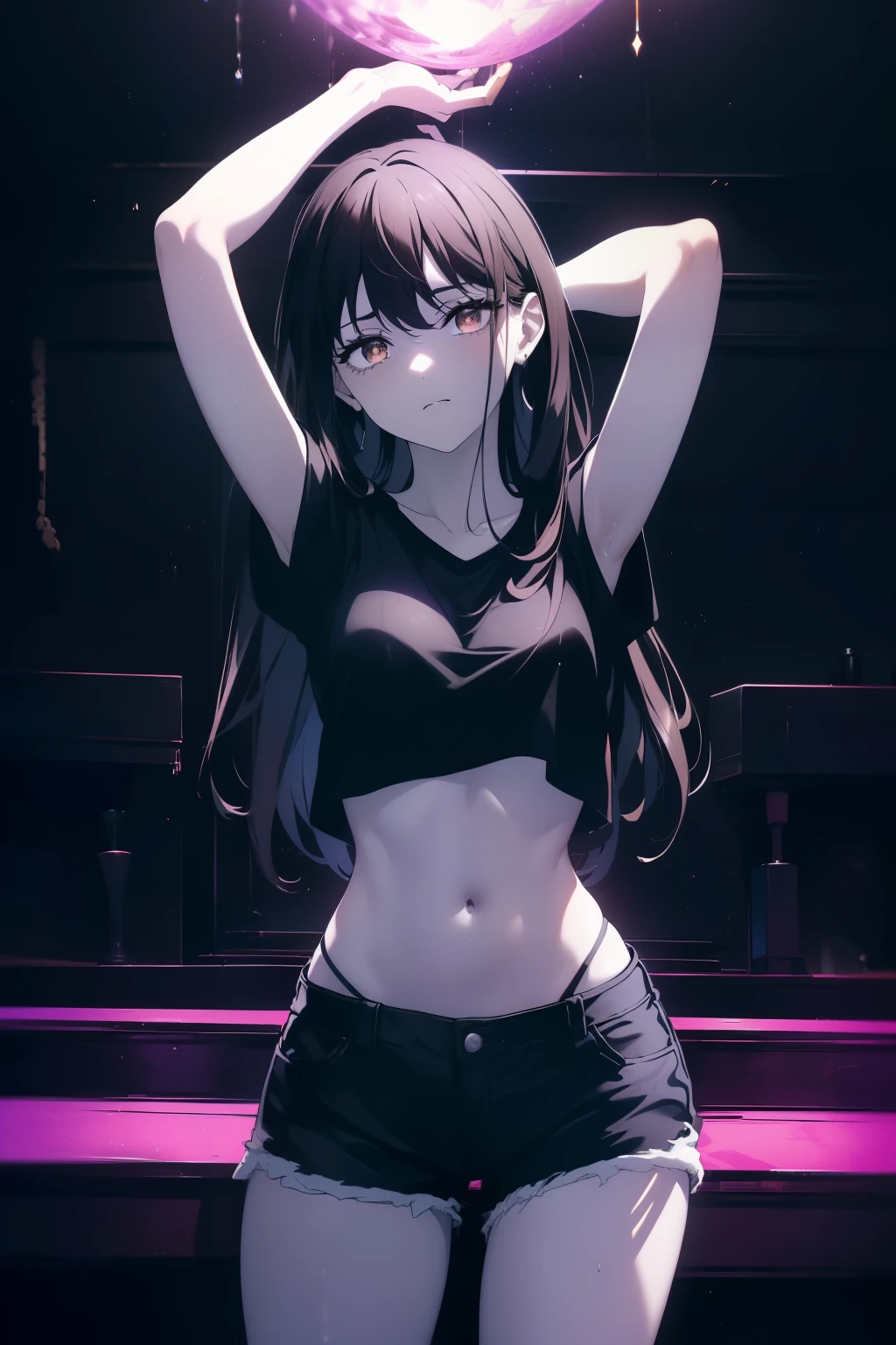 (((Obra maestra, La mejor calidad, ultrahigh resolution))), ((expressive brown eyes)), a clear view of a happy looking girl standing in a club waiting for someone)), (black t-shirt, jean shorts, black hair, long dark black hair), pale skin, ((brown eyes)), (glowing_eyes), ((centered)), ((wide shot)), facing viewer, ((indoor party, purple and black lights, black dancing silhouettes:0.9)), medium breasts, looking at viewer, ((perfect hands)), (((head:1, arms, hands, elbows, thighs, in view))), lively eyes, beautiful lighting, background, ((defined subject)), 25 years old, (head tilt), (((cool))), ((lively)), (((reserved pose))), ((perfect anatomy))