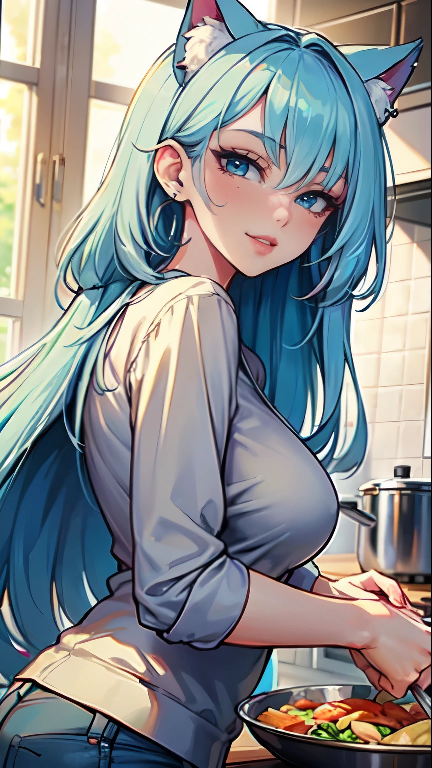 Masterpiece, beautiful art, professional artist, 8k, art style by sciamano240, very detailed face, very detailed hair, 1girl,1man, perfectly drawn body, beautiful face, long hair, light blue hair , very detailed blue vertical cat eyes, pouty lips , rosey cheeks, intricate details in eyes, wearing cozy shirt, shorts, jordans, earrings, wearing a wedding ring, in love with the viewer expression, smiling , in the kitchen cooking a meal, close up on face,