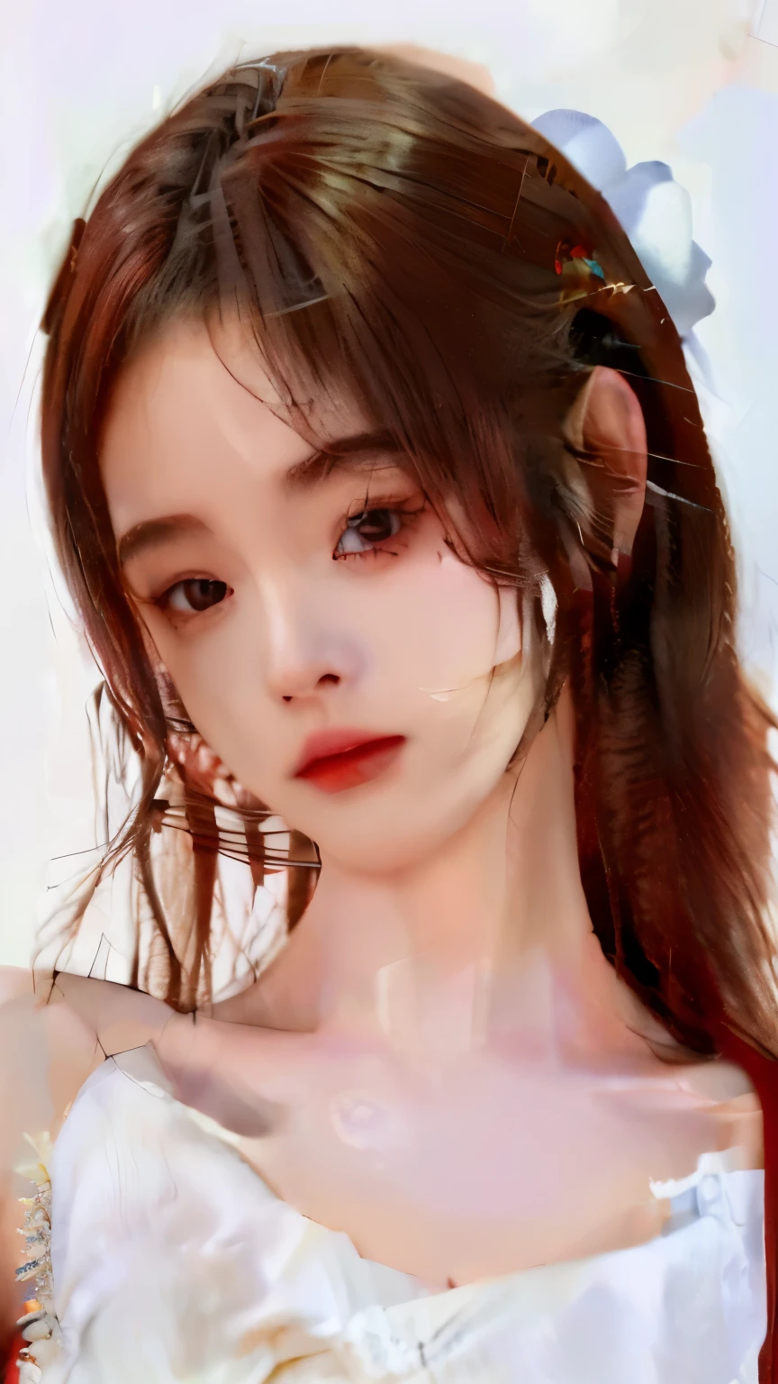 km, 1个Giant Breast Girl, ascot, Be red in the face, the bow, Brown eyes, Brown hair, hair the bow, Capillaries, Japanese clothes, long whitr hair, Mittens, Non-traditional witches, one-hour drawing challenge, with her mouth open, sportrait, red the bow, red Mittens, 围巾, side lockackgound, Alone, white backgrounid, yellow ascot, yellow scarf