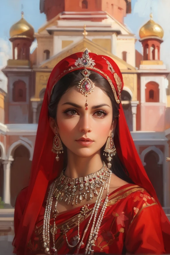 Create a portrait of a graceful Russian Hindu woman in the historic Kremlin courtyard, wearing an elegant saree and a red bindi. Highlight the contrast between the traditional Indian attire and the iconic Russian architecture.