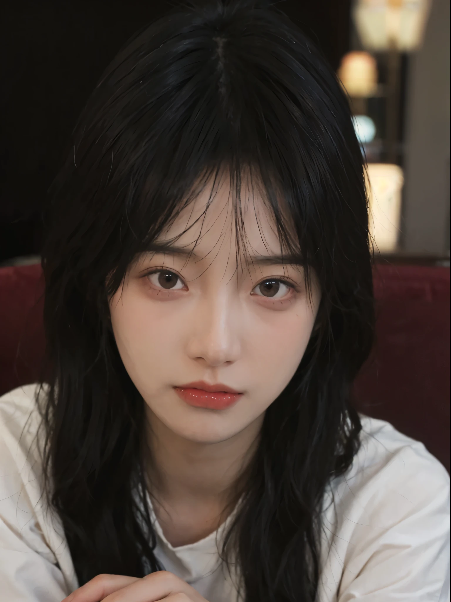 best qualtiy， 超高分辨率， （realisticlying：1.4），Fide (arafed) longblackhair、Asian woman in white shirt, soft portrait shot 8 k, she has black hair With bangs, jinyoung shin, IU, 8k artistic german bokeh, soft portrait, Nam Jae-yeon, innocent look, ulzzangs, Starting from 8K matte, Bae Xiuzhi, With cute doting eyes, 🤤 girl portrait, With bangs