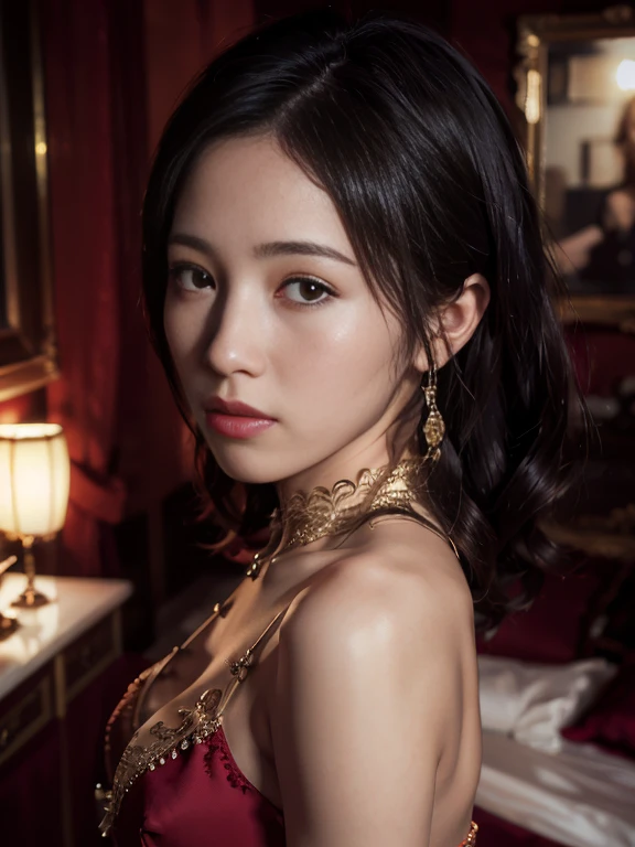 (masterpiece:1.2), Very detailed, Ultra-high resolution, (Realistic, photo Realistic:1.6), High-resolution RAW color photos, Professional photos, Sharp focus:1.2, (Very detailed顔と肌の質感, Very beautiful eyes, Glossのある肌, Glowing Skin, Glowing Skin, Shining Face, Gloss, Oily skin, greasy face, Oily skin, greasy face,), (real Glossのある肌 texture), Perfect Anatomy, Very detailed背景,(Ultra-luxury hotel),1 female,short hair, Straight hair, bangs, Brown Hair,((Flat Chest:1.55)),Thin legs, (((Gorgeous wine red luxury silk mini dress))),(((take off your clothes、Upper body naked:1.4))),((Wet))、To bring out your sex appeal、Luxury earrings、Luxury Necklace