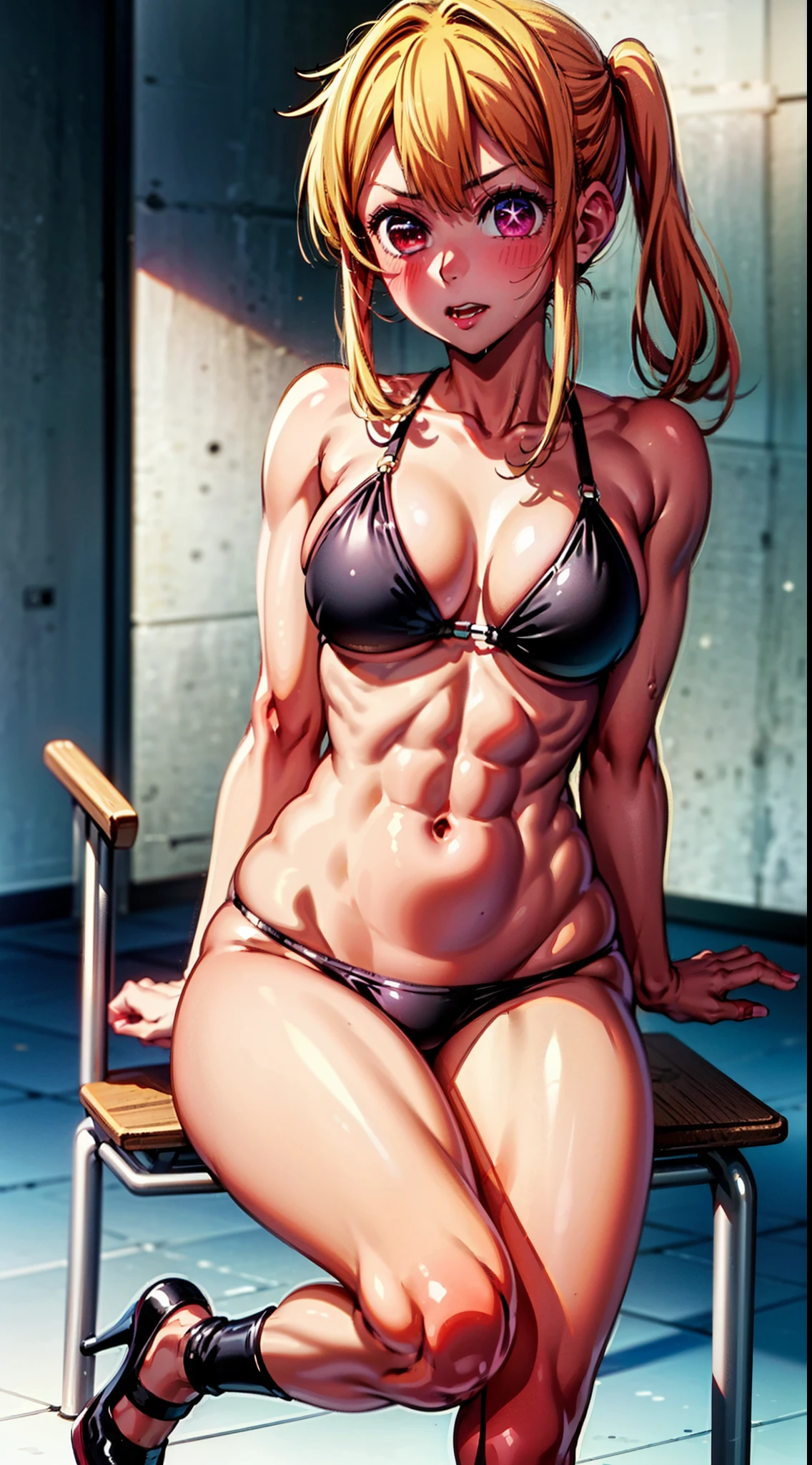 (1 girl), Alone, (Rubi Hoshino), (((Very sexy black bikini))), {{{sitting on the chair with legs crossed}}}, wearing black high heel shoes, Toned thighs, muscular belly, body thin, thin arms, wide hips, thin waist, big ass, medium breasts, at school in the classroom, (((in a bad mood))), (pink blonde hair), white star-shaped pupils in the left eye, eye reflection, glowing eyes, anime, anime style, cinematic lighting, ray tracing, panorama, Sony FE, hard drive, master piece, accurate, anatomically correct, Super Detail, high quality, ultra-high resolution, hard drive, 16k