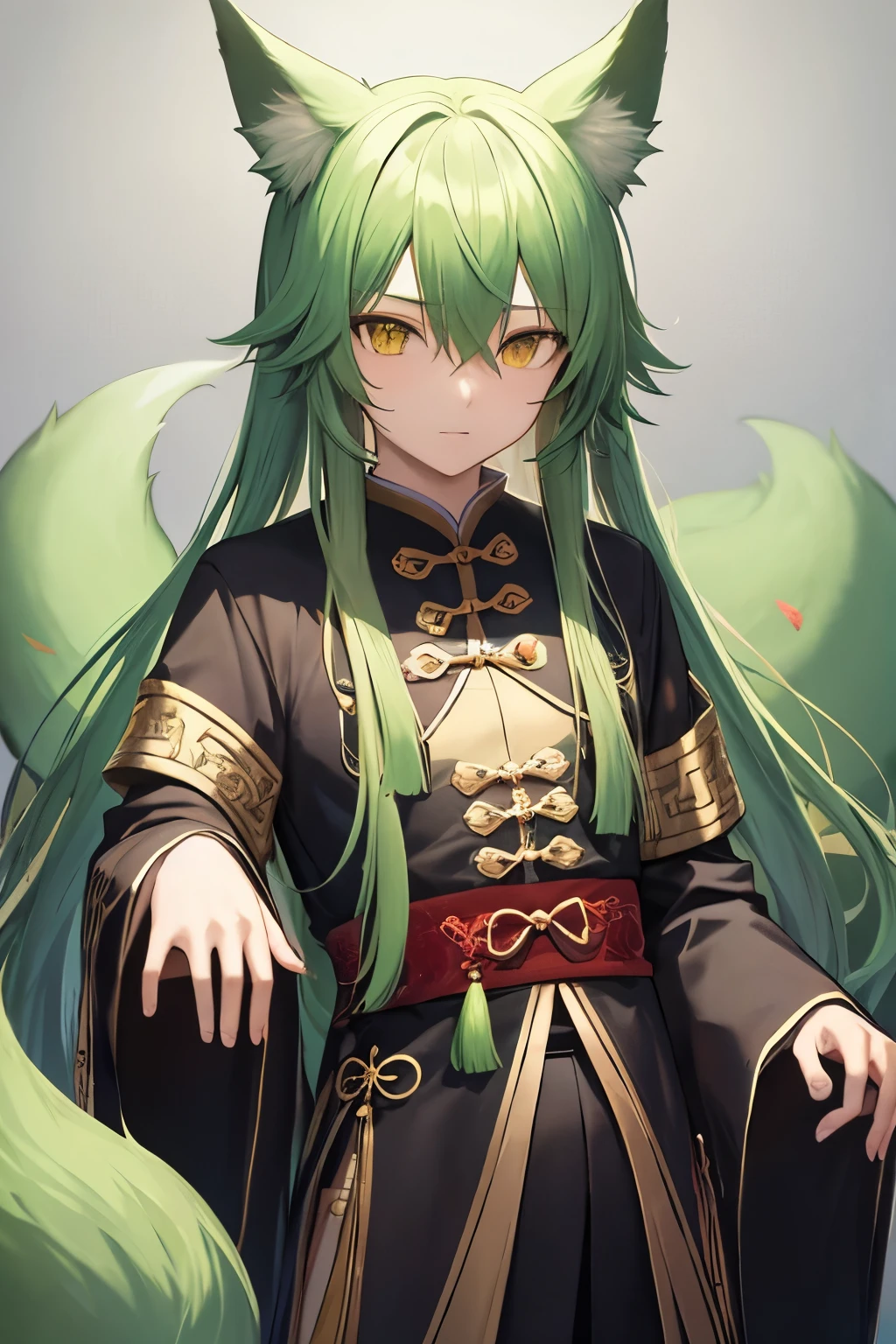 male light green fox ears light green fox tail medium long hair Taoist Chinese knot tassel