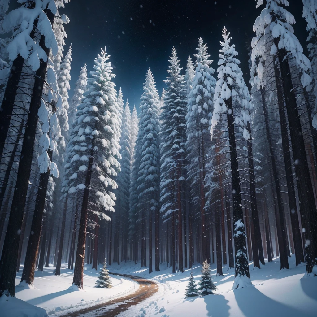 without people, without animals, a dark forest with snow covered trees, dense forest, concept art inspired by Raphael Lacoste, pixiv, conceptual art, anime background art, winter concept art, anime 8k woods, detailed scenery, snowy forest, snow forest, background artwork, background art, moonlit forest environment, quiet forest night scene, blue forest, winter forest, beautiful anime scene, in a snowy forest setting