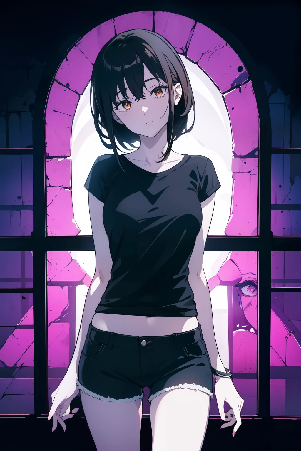 (((Obra maestra, La mejor calidad, ultrahigh resolution))), ((expressive brown eyes)), a clear view of a happy looking girl standing in a club waiting for someone)), (black t-shirt, jean shorts, black hair, long dark black hair), pale skin, ((brown eyes)), (glowing_eyes), ((centered)), ((wide shot)), facing viewer, ((indoor party, purple and black lights, black dancing silhouettes:0.9)), medium breasts, looking at viewer, ((perfect hands)), (((head:1, arms, hands, elbows, thighs, in view))), lively eyes, beautiful lighting, background, ((defined subject)), 25 years old, (head tilt), (((cool))), ((lively)), (((reserved pose))), ((perfect ???????))