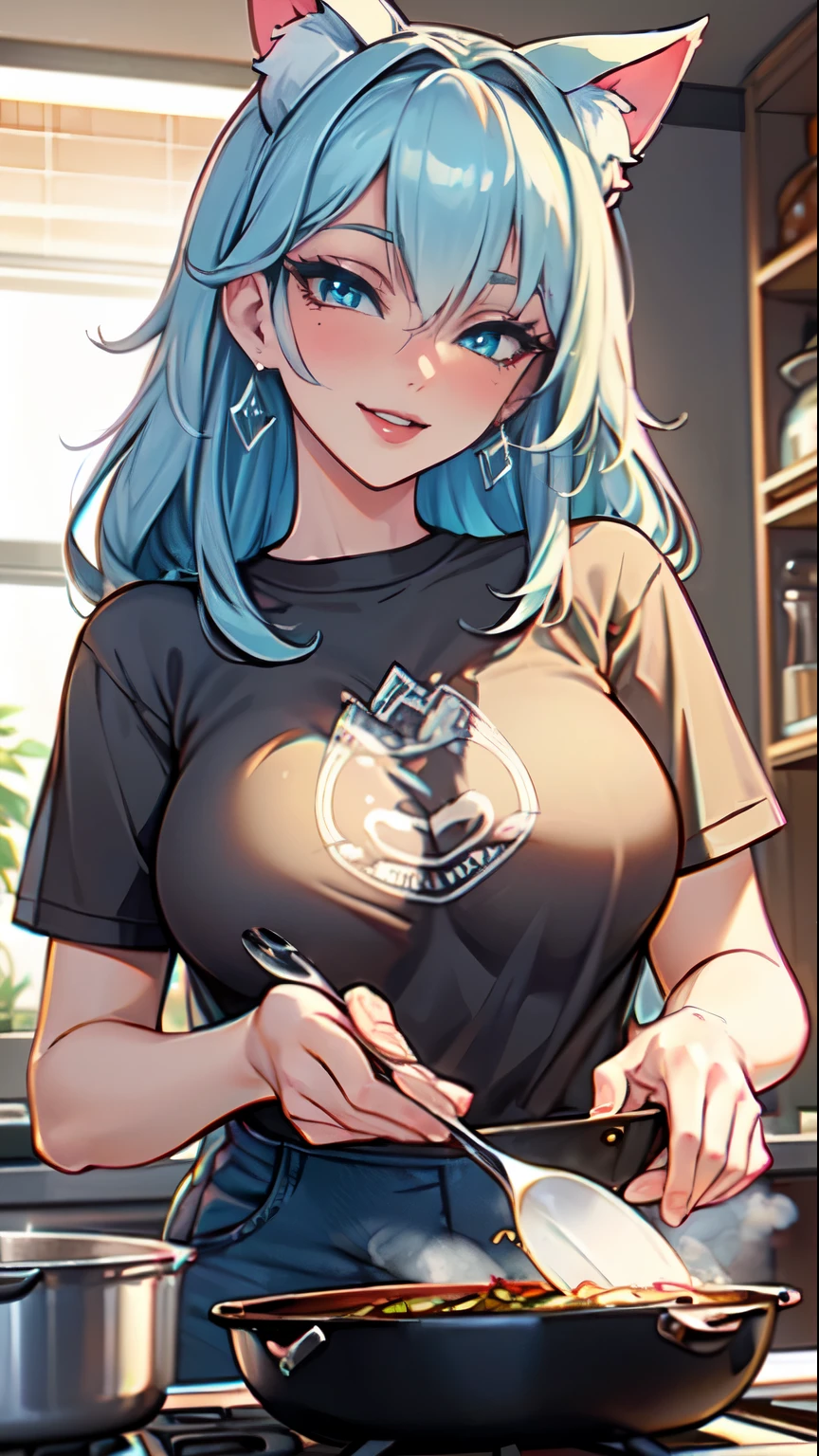 Masterpiece, beautiful art, professional artist, 8k, art style by sciamano240, very detailed face, very detailed hair, 1girl,1man, perfectly drawn body, beautiful face, long hair, light blue hair , very detailed blue vertical cat eyes, pouty lips , rosey cheeks, intricate details in eyes, wearing cozy t shirt, mom jeans, jordans, earrings, wearing a wedding ring, cooking utensils, in love with the viewer expression, smiling , in the kitchen cooking a meal, close up on face,