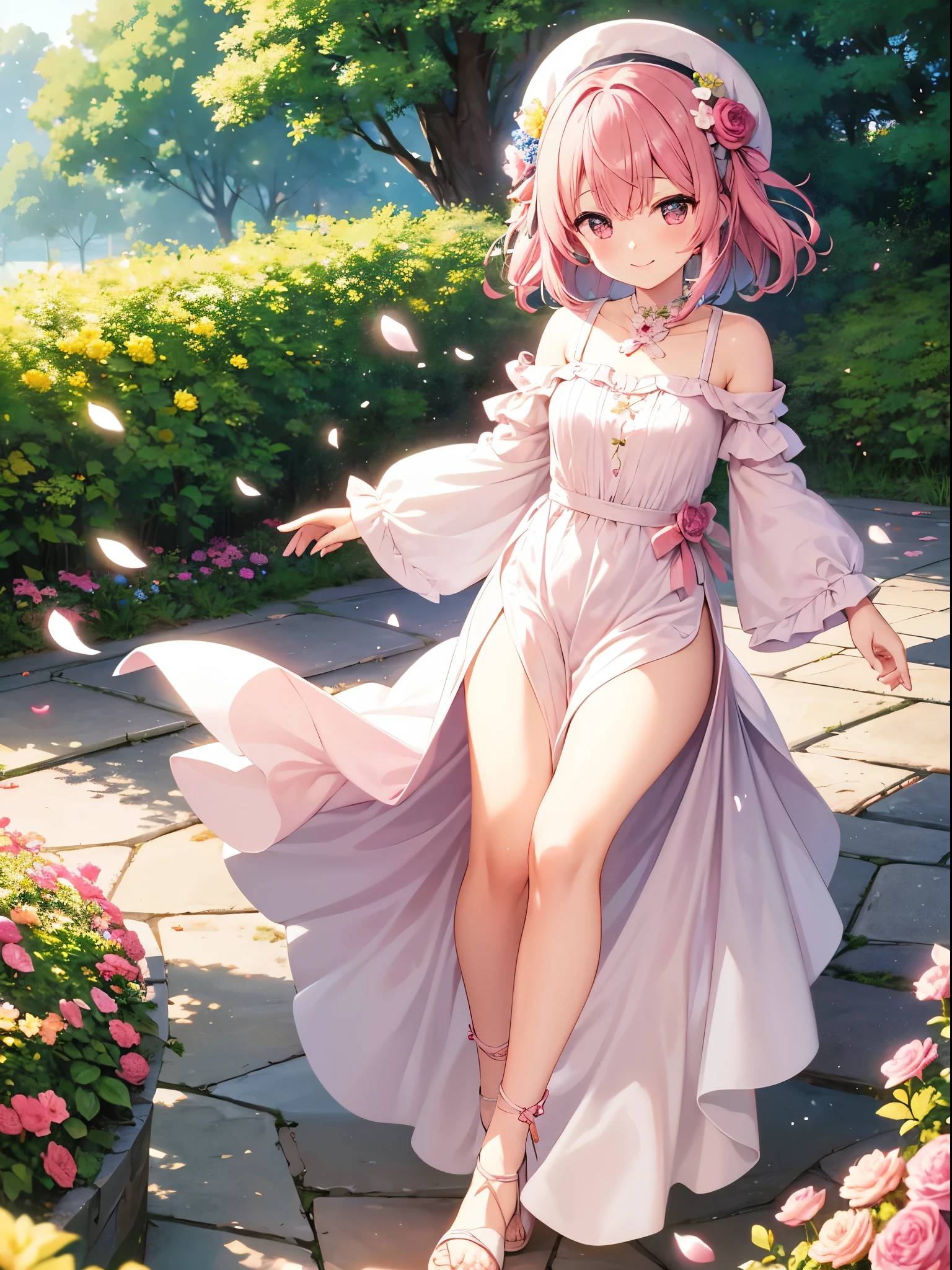 One girl、Pink hair、PastelColors、Cute、blush, tiny chest, long dress, falling petals, low - angle, smile, flower garden