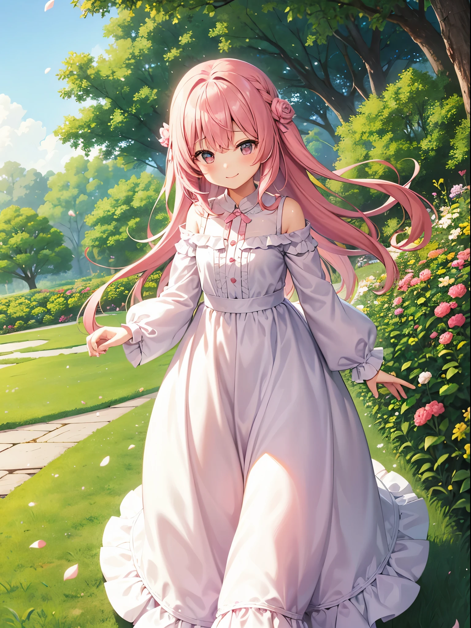 One girl、Pink hair、PastelColors、Cute、blush, tiny chest, long dress, falling petals, low - angle, smile, flower garden