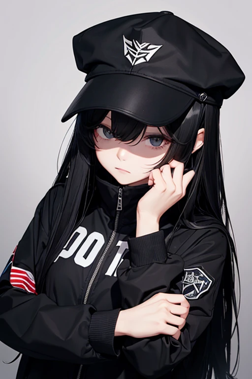 one tall girl、Black long-haired、long bangs、One eye is hidden、Wearing a black mask、black school cap、Black jacket、Arms crossed、sharp eye