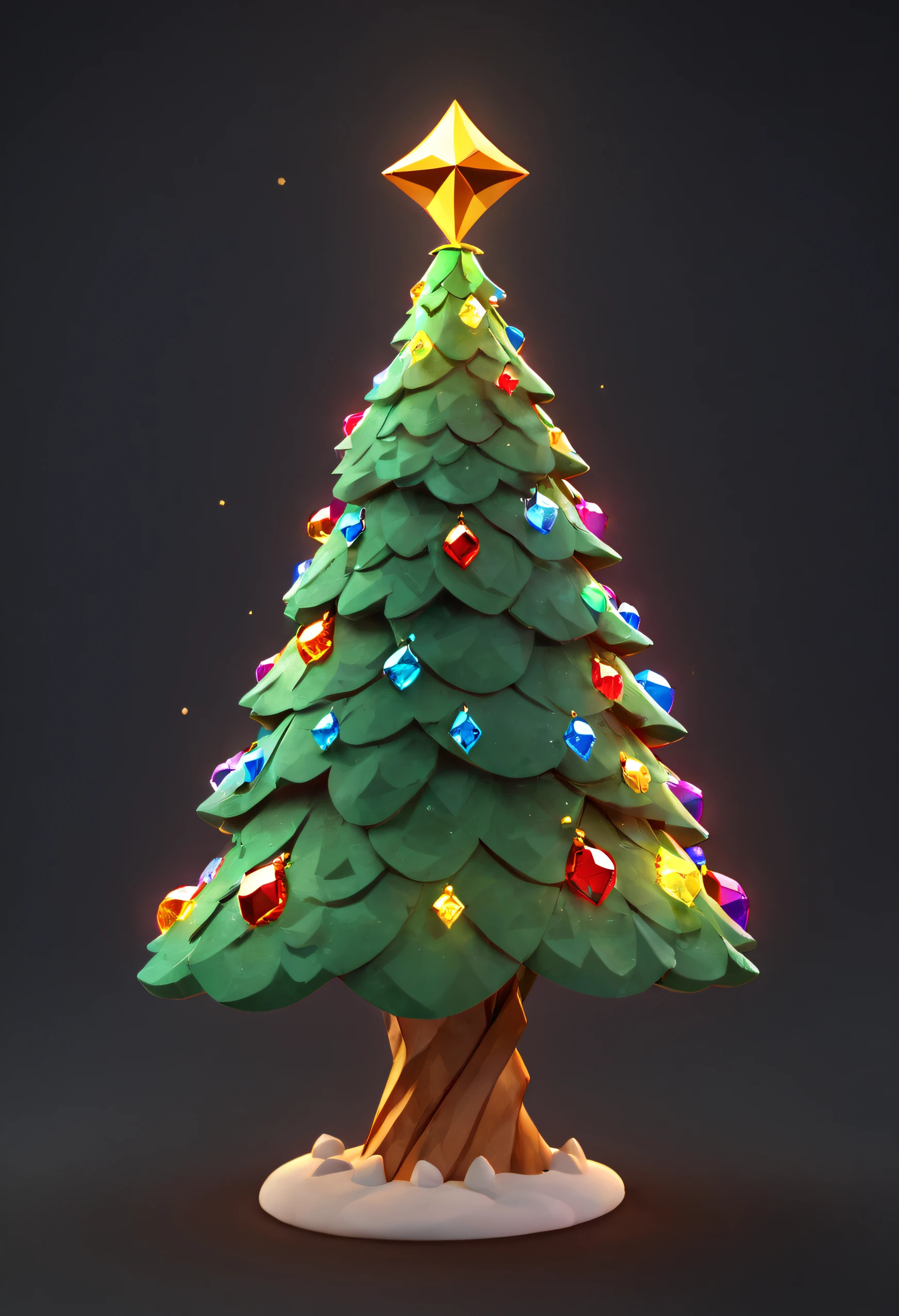 cute lowpoly christmas tree, minimalistic tree with big diamont form of lights, big diamond form bubbles as lights on the christmas tree, detailed 3d normals and beautiful texture, rainbow bright rim light at the right side, beautiful post effects, masterpiece cgi, perfect 3d render, crisp sharp render