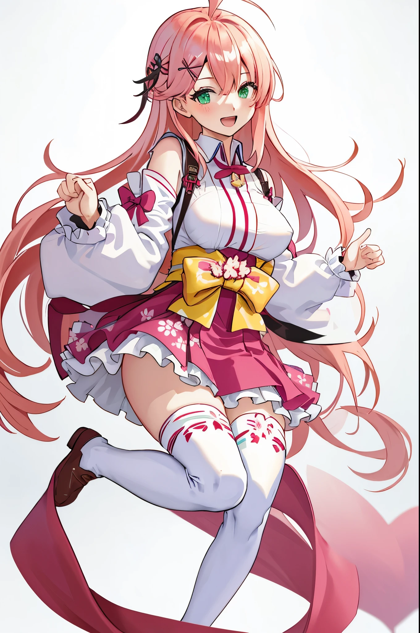 masterpiece, best quality, highres, sakura_miko, 1girl, (loli:1.3),medium_breasts, kimono, solo, ahoge, x_hair_ornament, pink_hair, floral print, hairclip,(side_less_clothes:1.3), (side_breasts:1.3), hair_bell, floral print, long_hair, hair between eyes, one side up, white_thighhighs, wide sleeves, open_mouth,(happy:1.3),green_eyes,smile,apart_legs,(overly_long_sleeves:1.3),),sleeves_past_wrists,hands_hidden_sleeves,sidelock_clothes,solo,hidden_wrists,(XD:1.5),covered_nipples,sunlight,(bare_flank:1.3),boots,open_mouth,kimono,