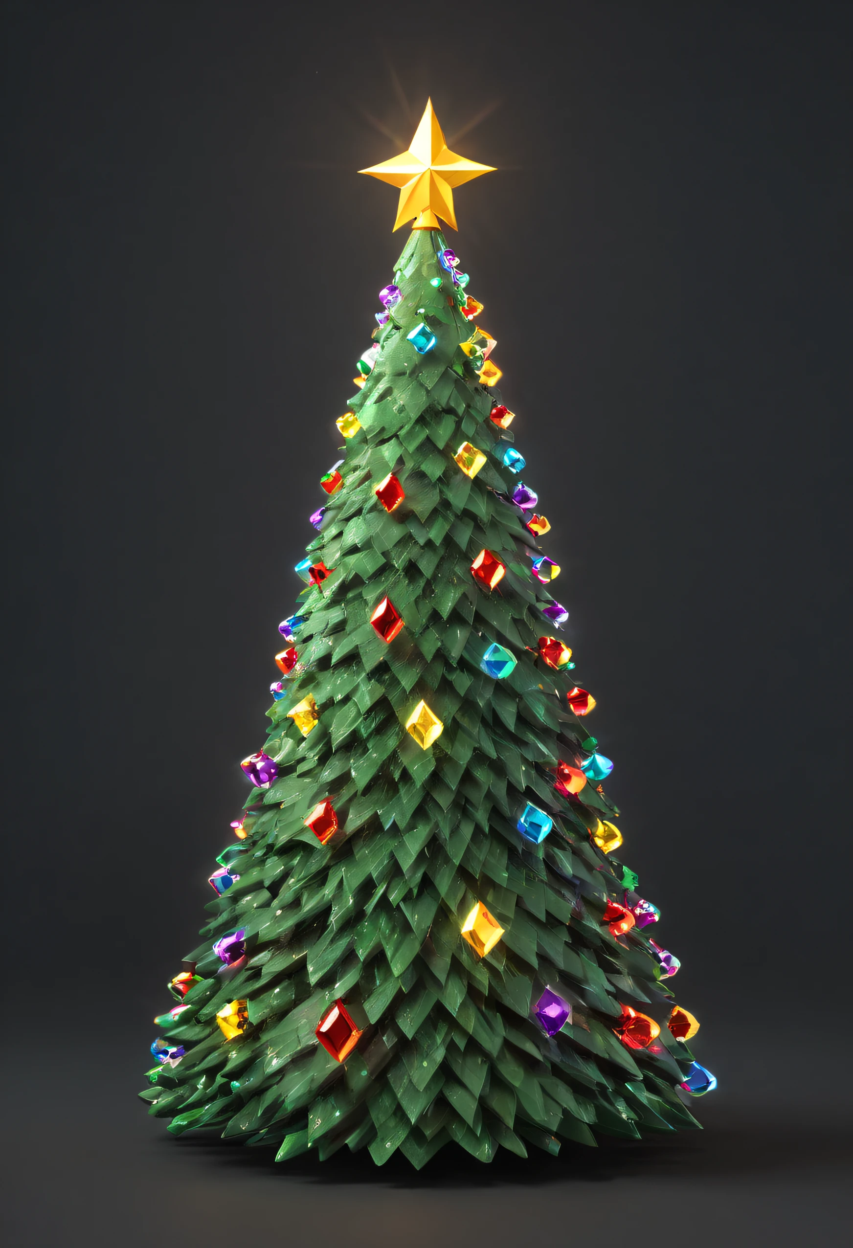 cute lowpoly christmas tree, minimalistic tree with big diamont form of lights, big diamond form bubbles as lights on the christmas tree, detailed 3d normals and beautiful texture, rainbow bright rim light at the right side, beautiful post effects, masterpiece cgi, perfect 3d render, crisp sharp render