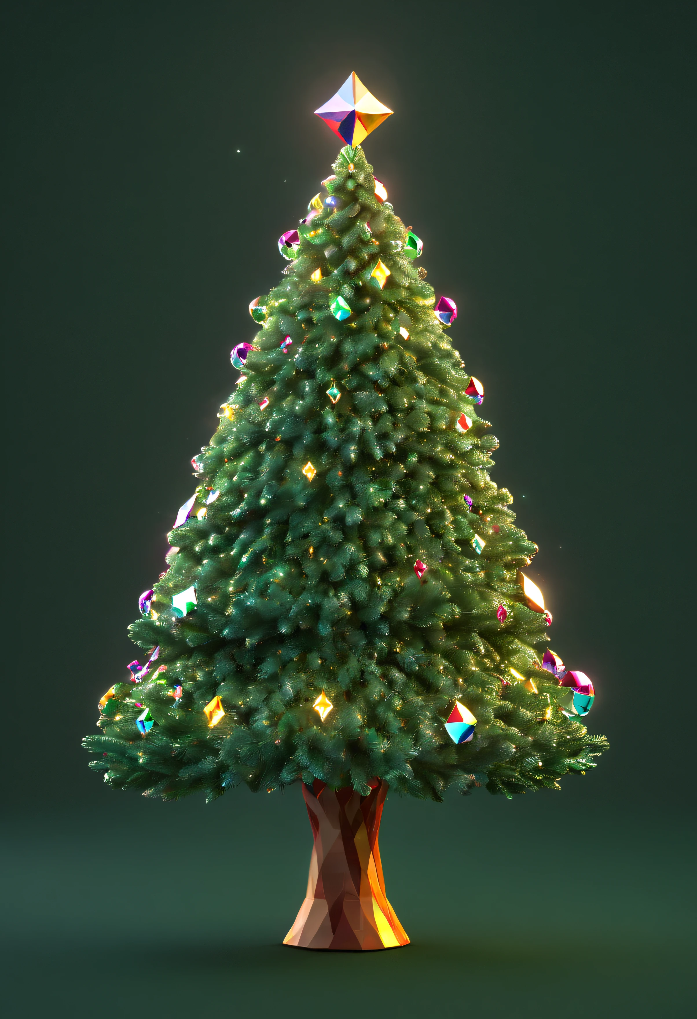 cute lowpoly christmas tree, minimalistic tree with big diamont form of lights, big diamond form bubbles as lights on the christmas tree, detailed 3d normals and beautiful texture, rainbow bright rim light at the right side, beautiful post effects, masterpiece cgi, perfect 3d render, crisp sharp render