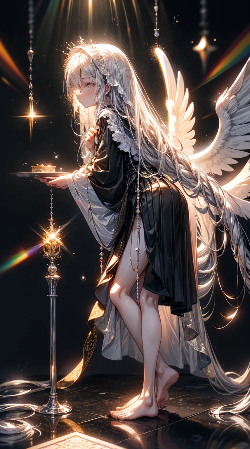 fully body photo,The barefoot,emo girl, kawaii, silber hair, the angel's wings, Angelic, angel ring, lock, Blindfold your eyes with a black cloth, The white花, The white, pure white, silvery white