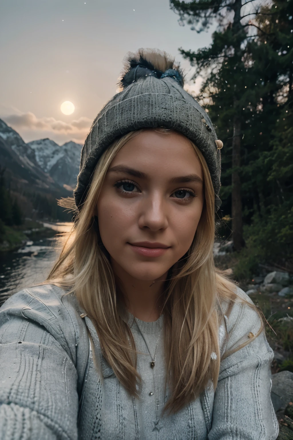 photorealistic, best quality, hyper detailed, beautiful blond hair woman, selfie photo, upper body, solo, wearing pullover, outdoors, (night), mountains, real life nature, stars, moon, (cheerful, happy), sleeping bag, gloves, sweater, beanie, flashlight, forest, rocks, river, wood, smoke, fog, clear sky, analog style, looking at viewer, skin texture, film grain, close up, ultra high res, best shadow, RAW, instagram LUT