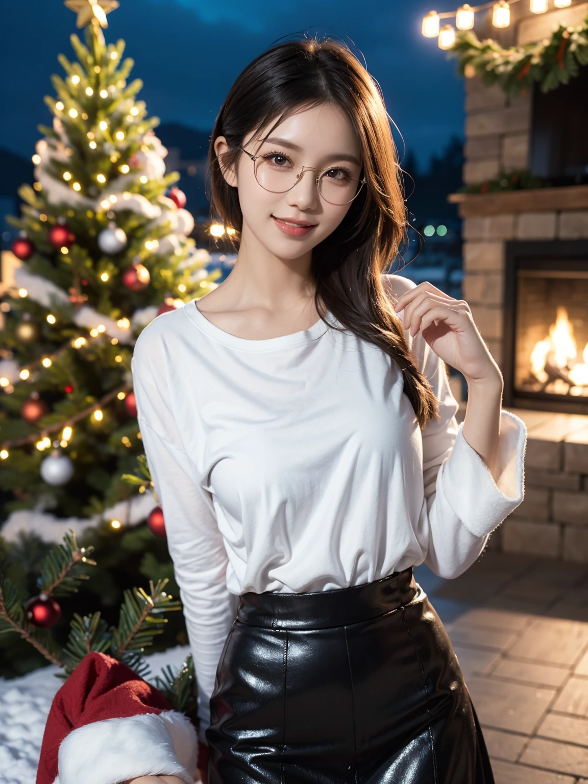 official art, unity 8k wallpaper, good detailed, beautiful and aesthetic, beautiful, masterpiece, best quality, Calming Palette, Tranquil Mood, Soft Shading, pastel color, 1girl, solo,__body-parts__,__on-off__,__hairstyles__, (smile), eye-glasses, ((christmas outfit)), shirt, blouse, long skirt, edgy pose, contrapposto, trendy, stylish, cute, intricate background, outdoors, christmas tree, december, snow, night, party