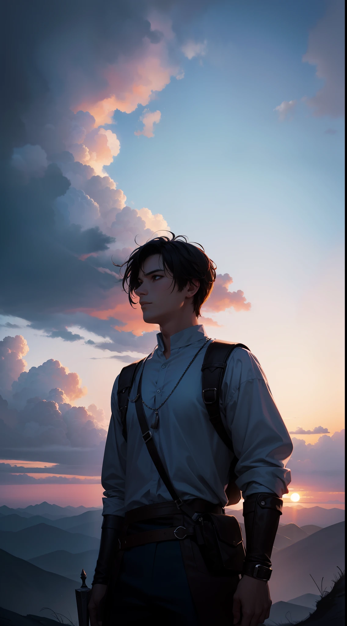 ethereal, magic, lofi, sky, beautiful colors, atmospheric, cinematic, shot from faraway, men as adventurer