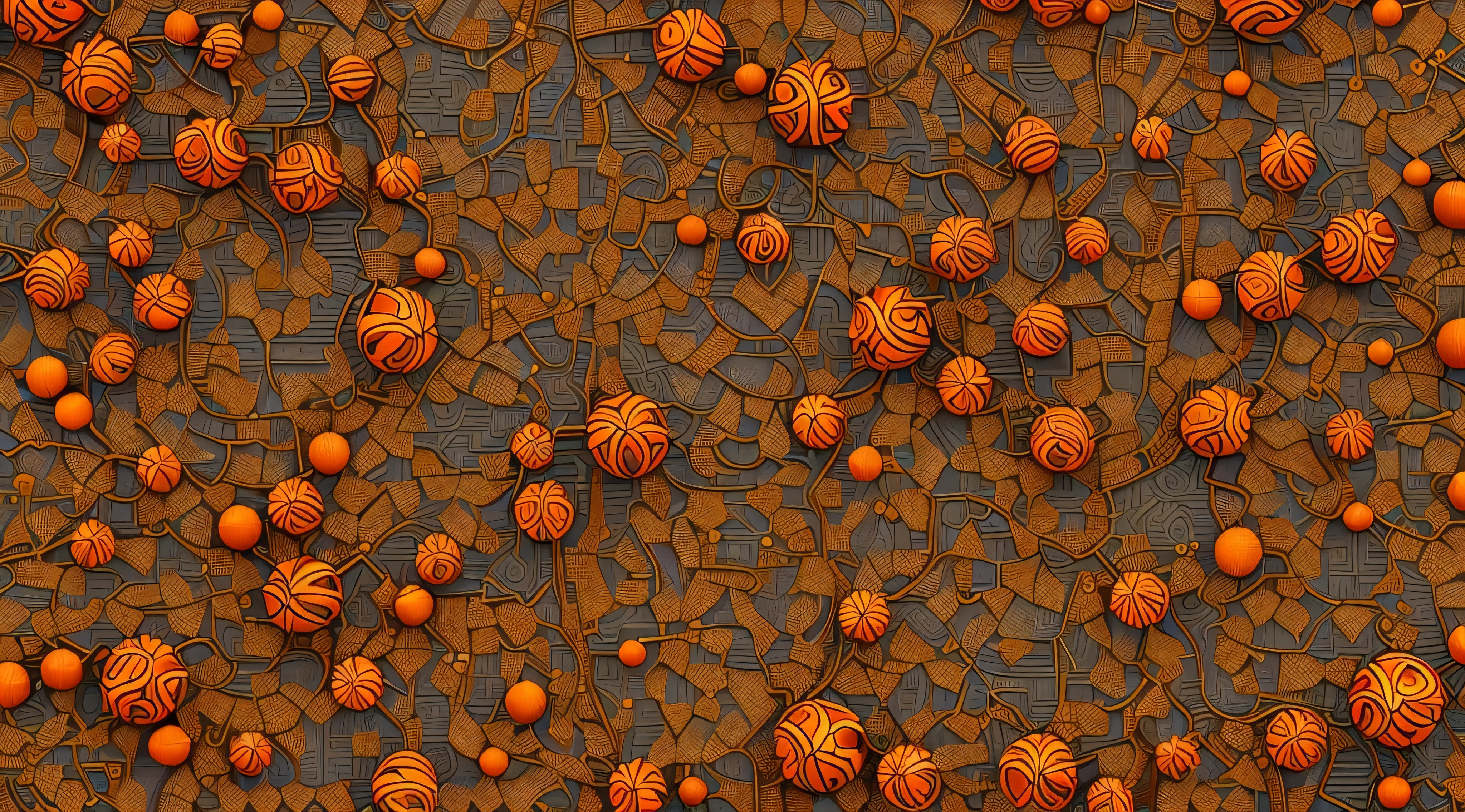 (Best quality at best, 4K, A high resolution, tmasterpiece: 1.2), ((((Super complex and detailed, Flat rhythmic arrangement decorative wall, the wallpaper))), Simulate the labyrinth-like texture on the surface of a peach, Combine with bright colors,Create a sweet and fun background