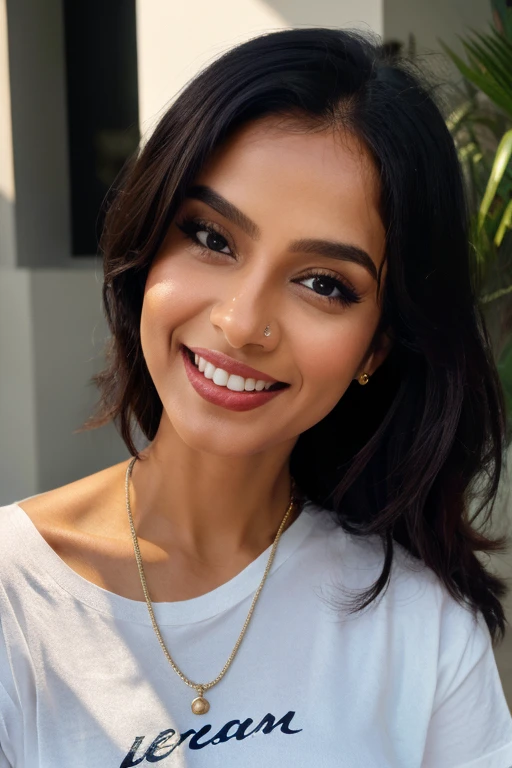 A cinematic and realistic portrait of a Most sexy and adorable North Indian woman in her 30s, wearing a jeans and t-shirt, with her hair perfectly styled, smiling confidently at the camera, white skin, extra big chest, 36D, Lob (long bob) brown hair, trending on artstation, portrait, digital art, modern, sleek, highly detailed, formal, determined, CEO, colorized, smooth, charming, pretty, soft smile, dark red lipstick, soft lips, black eyes