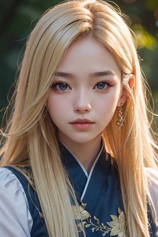 Portrait close up photo of young woman with Thai face, 21 years old, long blonde hair. high resolution The background has beautiful bokeh.