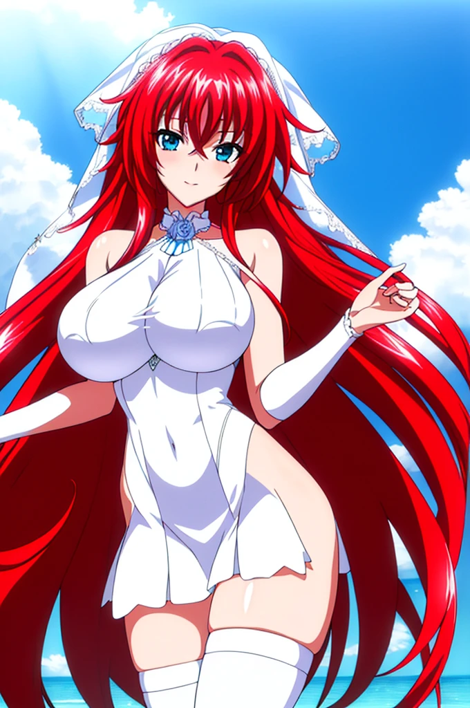 (day), Beach,Blue sky with cloud,
Standing at attention,
wedding, wedding dress, bridal veil, bride,white rose,white legwear,veil,thighhighs,
pink flower, pink rose, red flower,
Red_hair,Very_long_hair,Blue_EYES,Bangs,
1 girl, 20yo,Young female,Beautiful Finger,Beautiful long legs,
Beautiful body,Beautiful Nose,Beautiful character design, perfect eyes, perfect face,expressive eyes,
looking at viewer, in the center of the image,(Upper_body),(Focus on her face),
official art,extremely detailed CG unity 8k wallpaper, perfect lighting,Colorful, Bright_Front_face_Lighting,shiny skin,
(masterpiece:1.0),(best_quality:1.0), ultra high res,4K,ultra-detailed,
photography, 8K, HDR, highres, absurdres:1.2, Kodak portra 400, film grain, blurry background, bokeh:1.2, lens flare, (vibrant_color:1.2)
(Beautiful,large_Breasts:1.4), (beautiful_face:1.5),(narrow_waist),