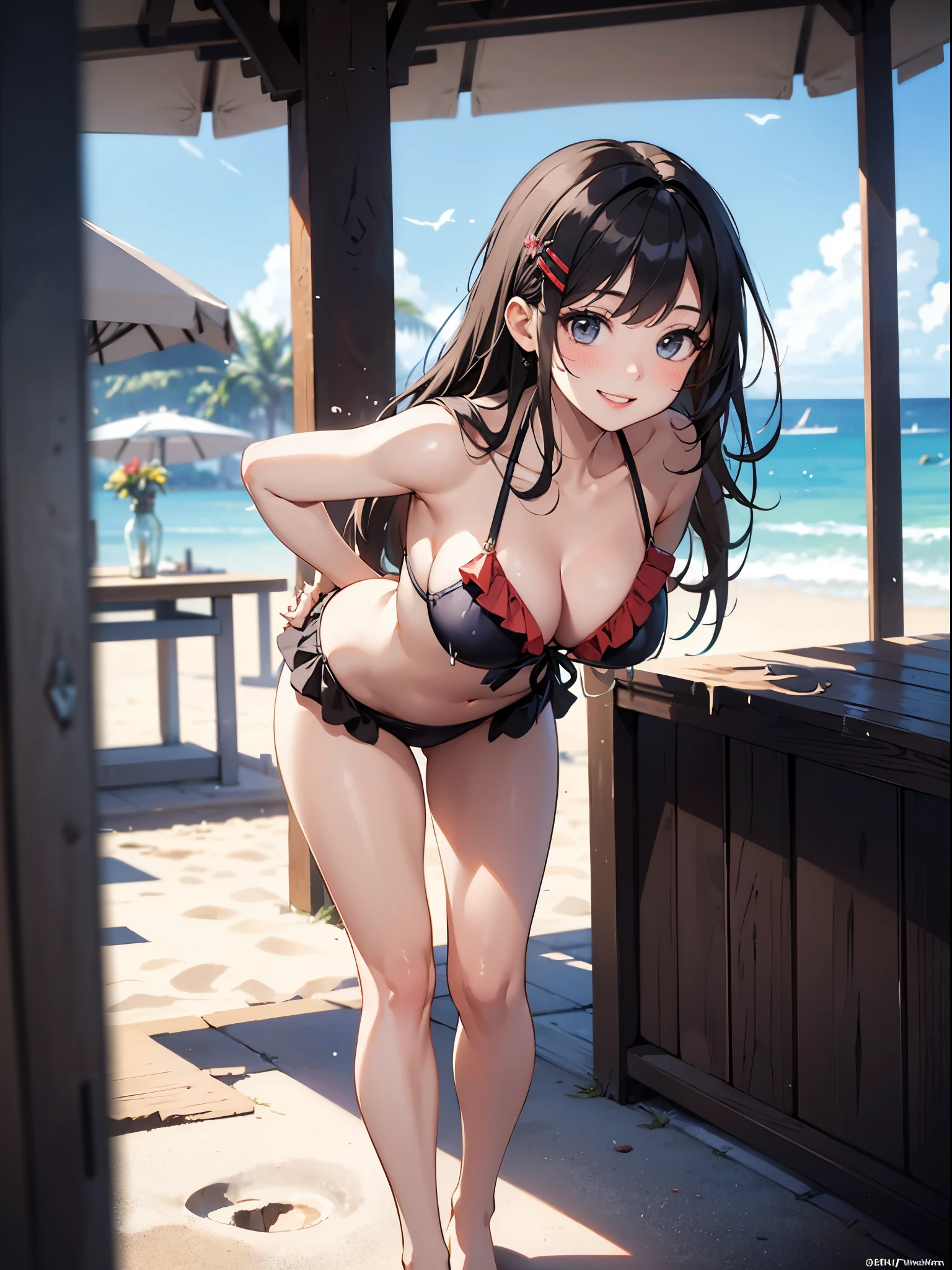 (masterpiece, top quality, best quality), (splash art), transparent background, european, long hair, hair ornament, hairclip, beach, frilled bikini, smile, happy, arms behind back, lady, sexy, summer, beautiful, bent over