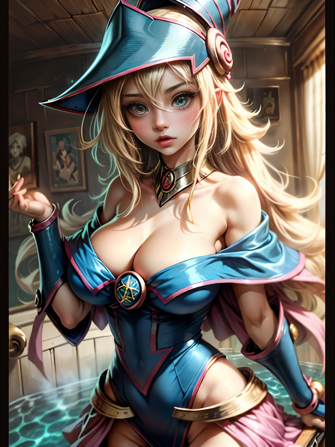 1girl, solamente,Lindo, , sentado sobre el agua, HMDMG1, Sombrero de mago, escote, hombros desnudos, vestido, fuera del hombro, magica, Mistro, particuls, corazones, amar,Molienda, Detalles altos, Arte digital, Obra maestra, ojos expresivos, papel tapiz, ojos expresivos,Lindo,hermosos ojos, Magia. Pose sejustiva y