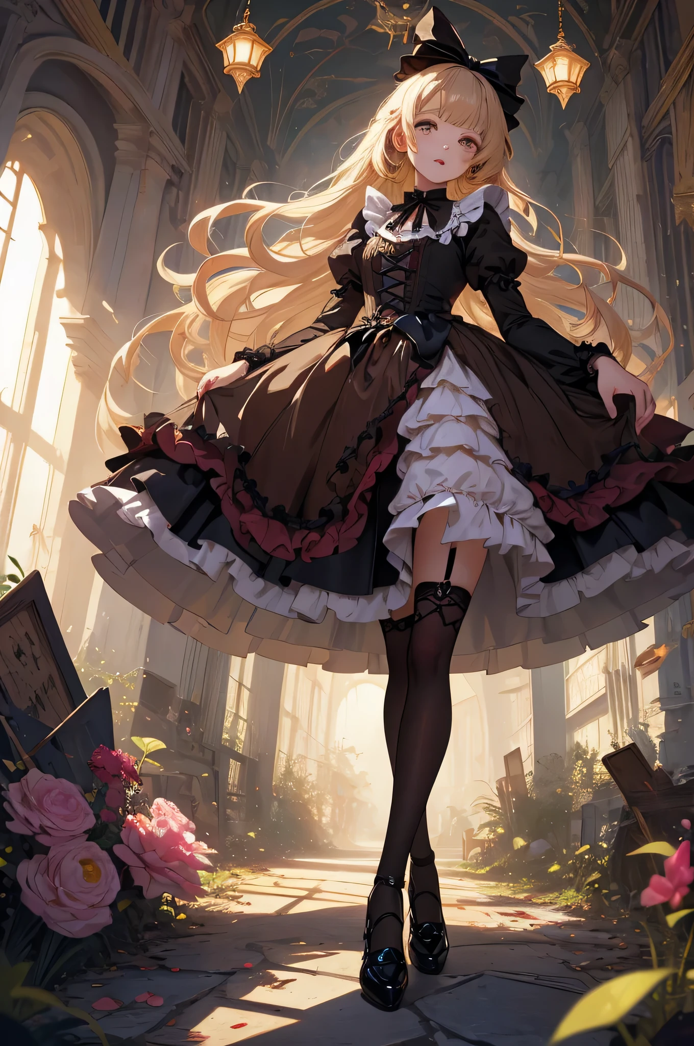 (dark brown eyes:1.2),(((Alice in Wonderland in Gothic Lolita Fashion))), ((myth)), Chasing a rabbit wearing a silk hat and holding a pocket watch.Beyond Time and Space、intricate detailes、Terrible、The most beautiful forms of chaos like glasswork、Delicate、girl, Cute、dynamic ungle、Transparency、azur、reddish、a brutalist designed, vivd colour, romanticism, by james jean, roby dwi antono, by Ross Tran, Francis Bacon, michal mraz, Adrian Ghenny, petra cortright, Gerhard Richter, Takato Yamamoto, Ashley Wood, Atmospheric, ecstasy of musical notes, streaming musical notes visible
