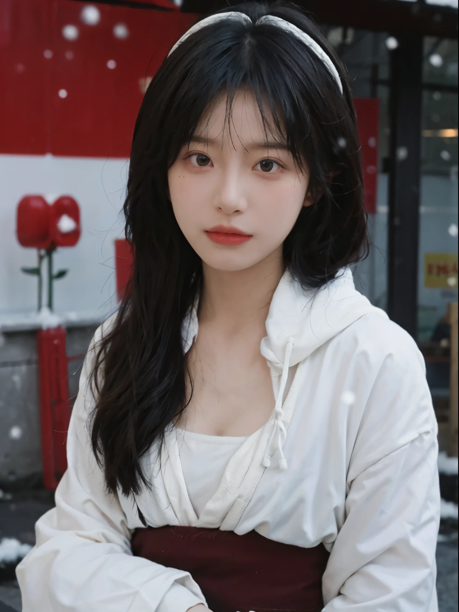 Best quality, 超高分辨率, white backgrounid,(realistically:1.4), girl, A pair of eyes as clear as snow,Imperial sister,Black long straight, looking at viewert, closeup cleavage ,