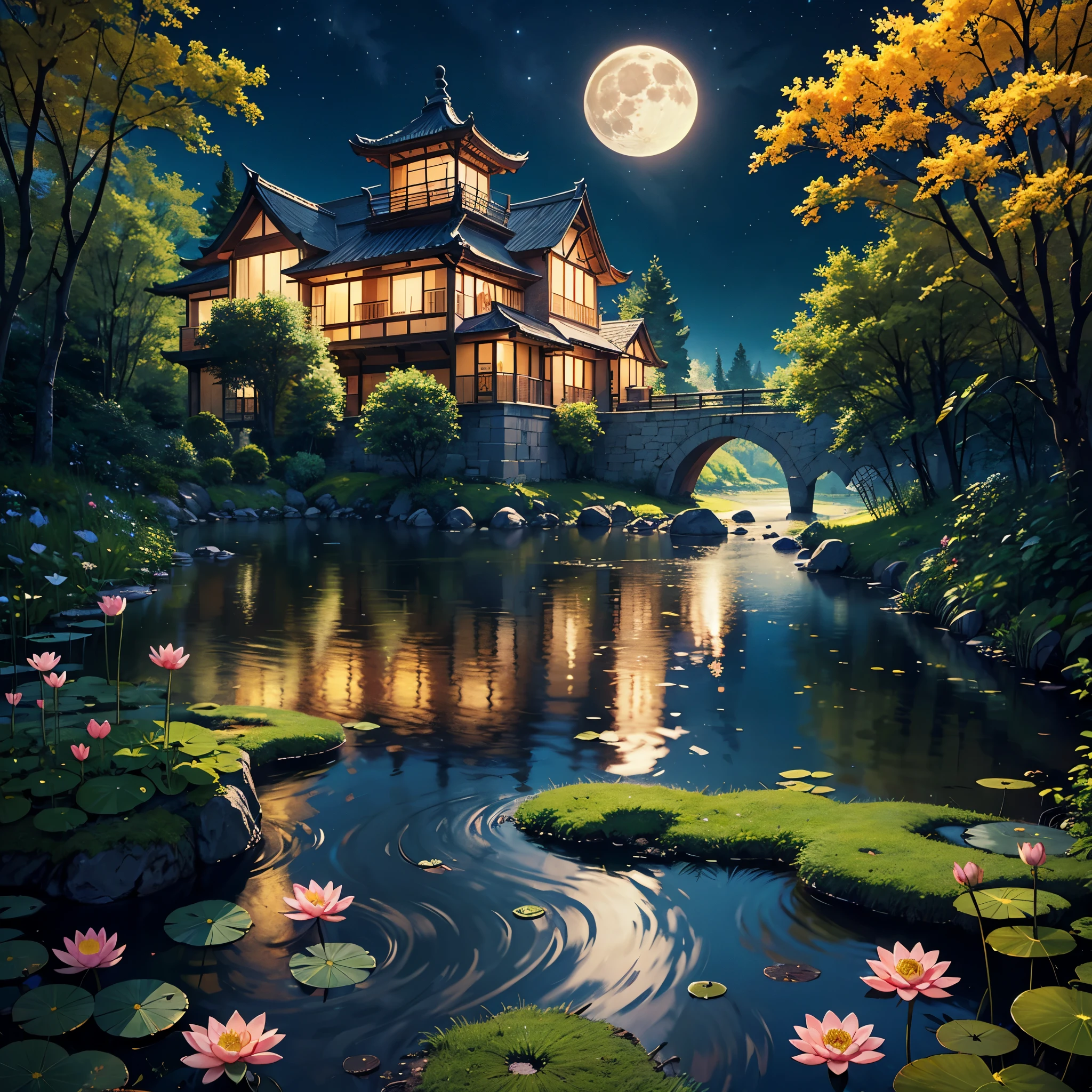 Best Quality、masutepiece、8K、lotuses:3、(fullmoon、starrysky)、the woods、bog