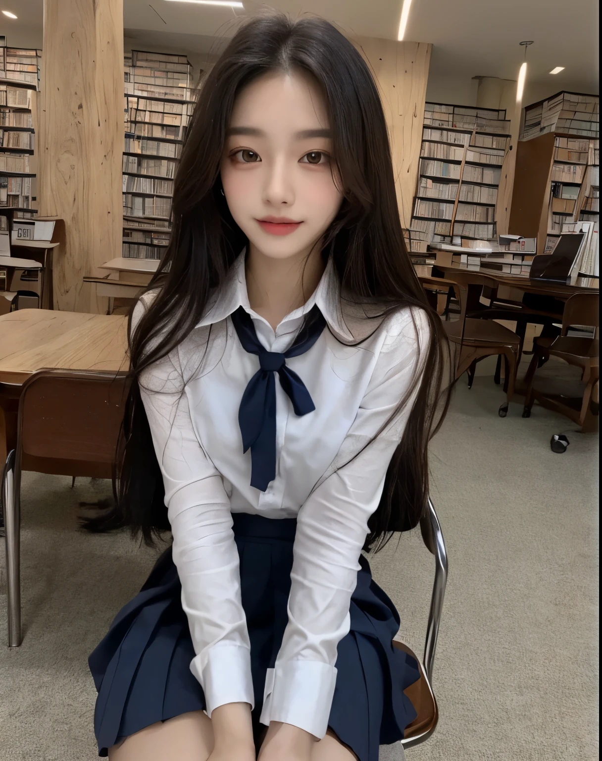 (Masterpiece, best resolution: 1.2), (brown eyes), seduction, smile, long hair, small breast, high-definition facial features, 8K, double eyelids, delicate facial feature, natural body, ((sharp defined jawline 1.4)) ((((wearing school uniform and skirt))), (((library))), (sitting on chair), (full body)