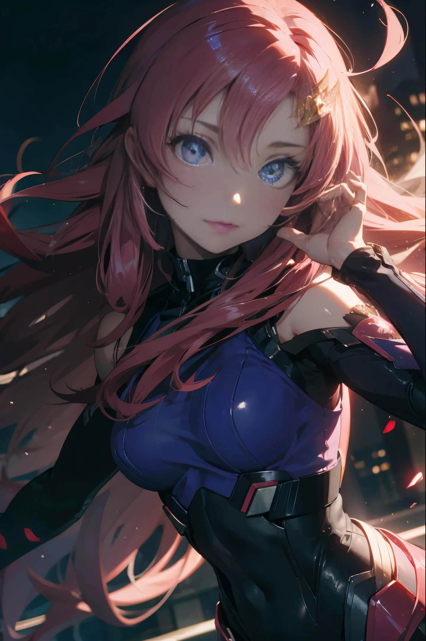lacusclyne, lacus clyne, blue eyes, hair ornament, long hair, wave hair ornament, pink hair,
BREAK bodysuit, pilot suit, pink bodysuit, science fiction,
BREAK outdoors, city,
BREAK looking at viewer, BREAK (masterpiece:1.2), best quality, high resolution, unity 8k wallpaper, (illustration:0.8), (beautiful detailed eyes:1.6), extremely detailed face, perfect lighting, extremely detailed CG, (perfect hands, perfect anatomy),