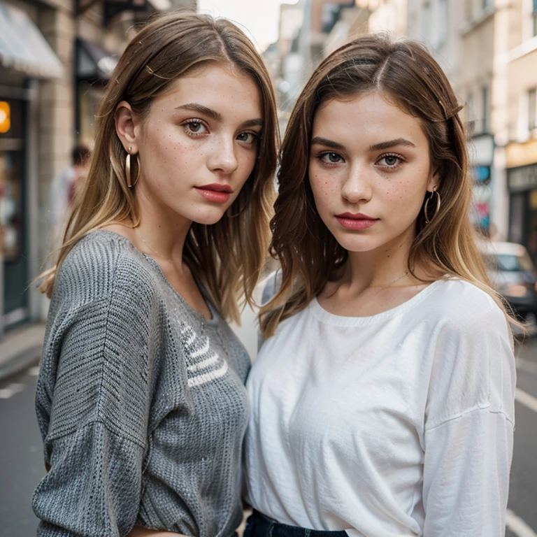 London girls, beide blauen Augen, one girl is blonde, another girl is brunette with white stripes, The brunette hair is curly, Sommersprossen, The Bruenettr girl raised her eyebrows , Blonde girl has normal thin eyebrows, Saubere Haut, beautiful friends, Blonde girl has freckles,
The blonde girl'Die Haare sind glatt, The brunette girl's Haare sind lockig, Blonde girl wears red lipstick, The brunette girl has natural lips, Both girls are slim. The brunette girl has a vintage clothing style, The blonde girl has a street clothes style, Blonde girl wears oversized clothes, Nike-Schuhe, Vans,
Blonde girl has earrings, Brunette girl with white stripes has a nostril piercing,
Harmonie, Musik, aesthetic, Natural makeup, realistic lighting conditions, Fasersichtbarkeit der Kleidung, Edle Ohrringe, klarere Augen